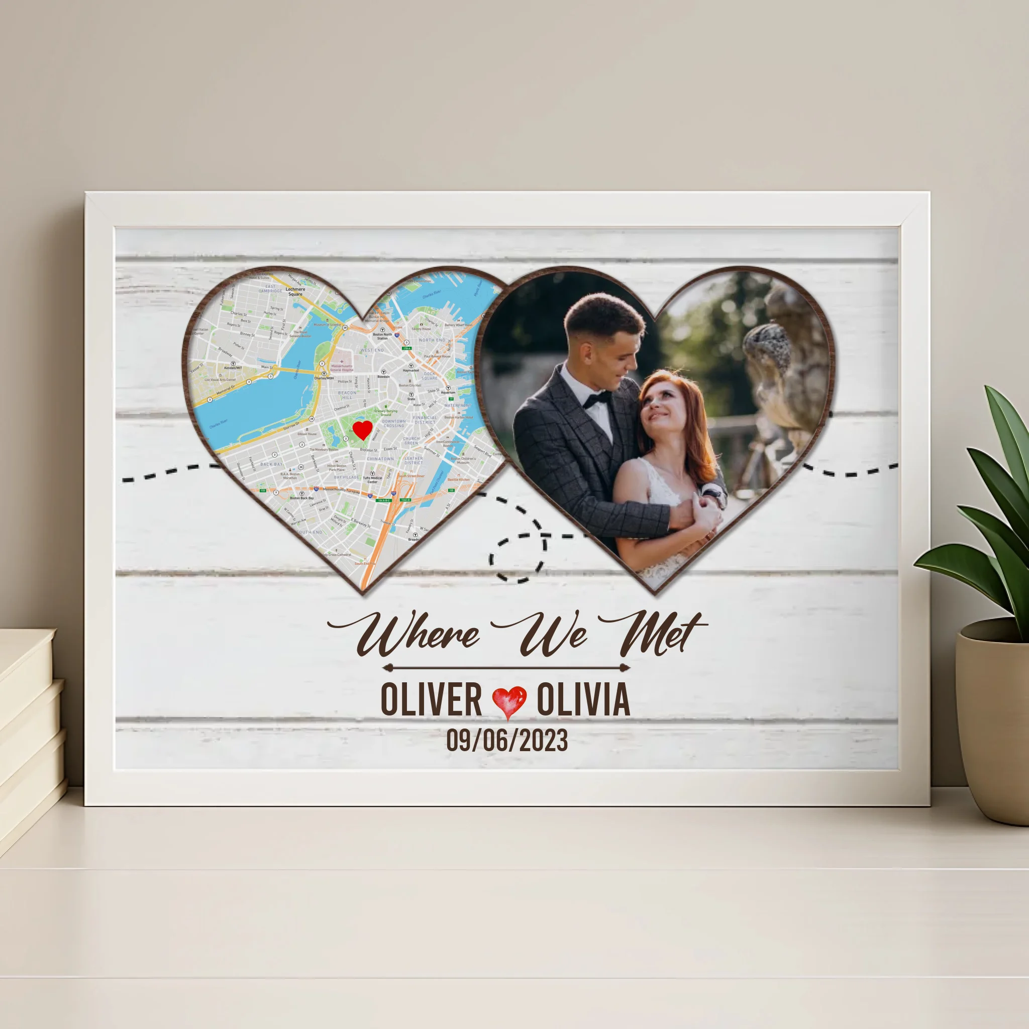 Wood framed personalised map print with photo, names and date for couples