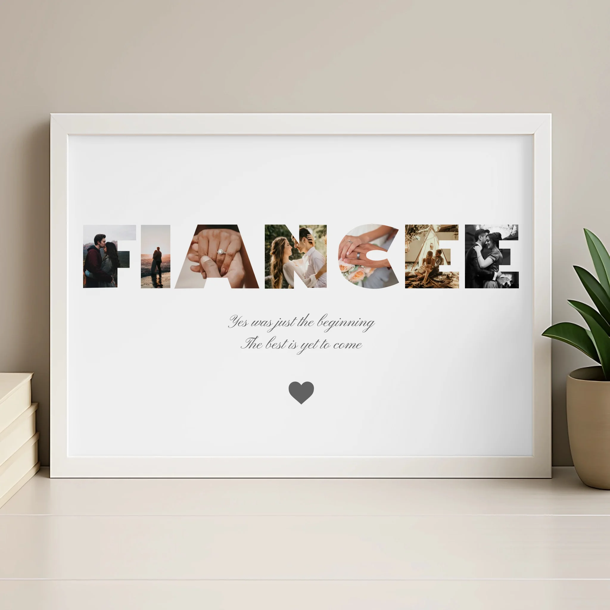 Personalised fiancée photo print in wood effect frame showing A4 size