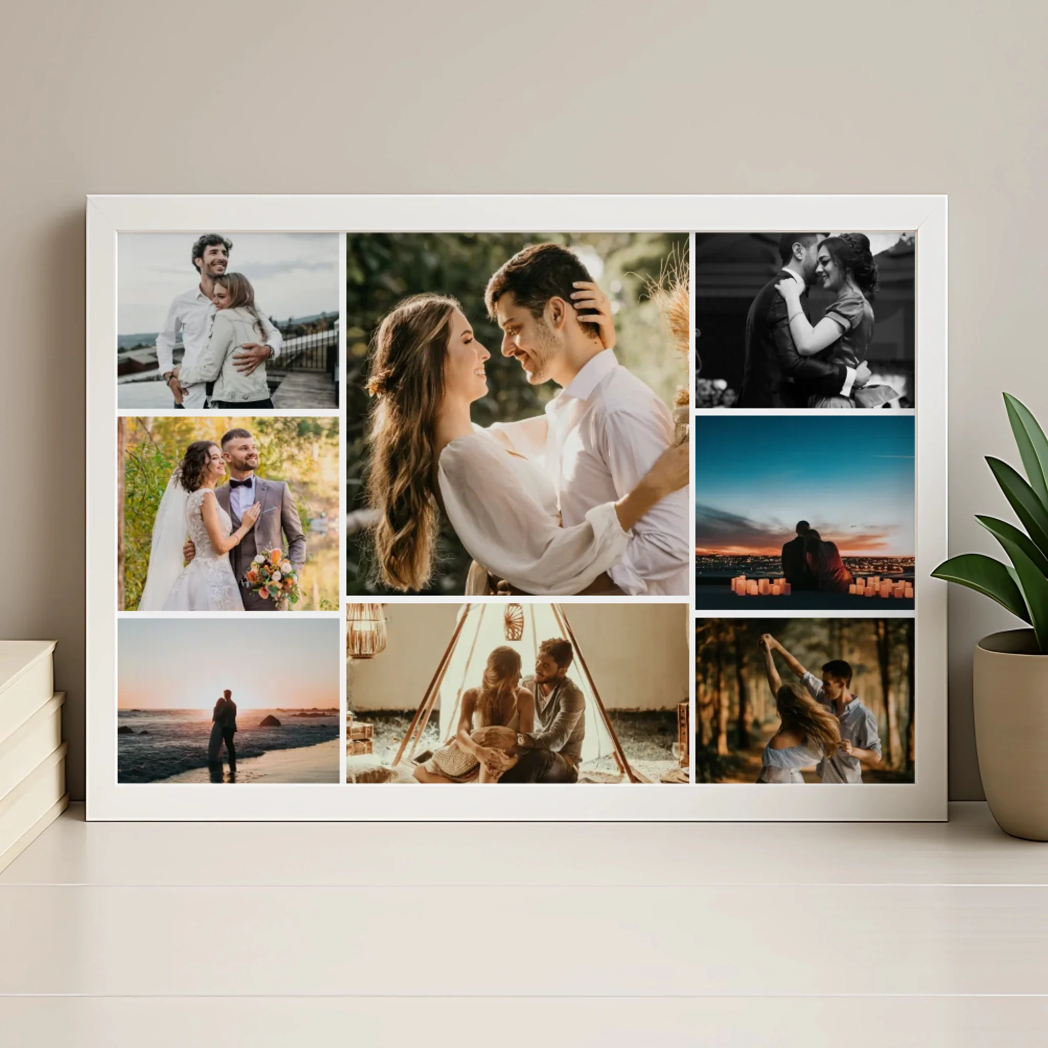 Personalised 8 photo collage print in a wood frame, A4 or A3 size