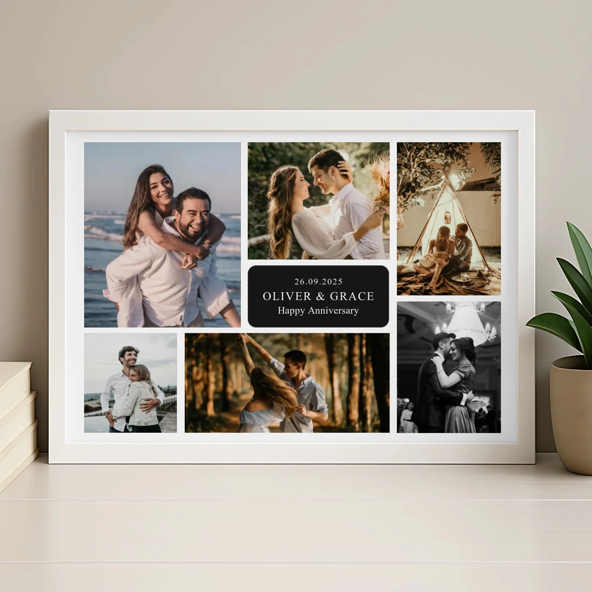 Personalised 7 photo collage print in a wood frame with custom name and message