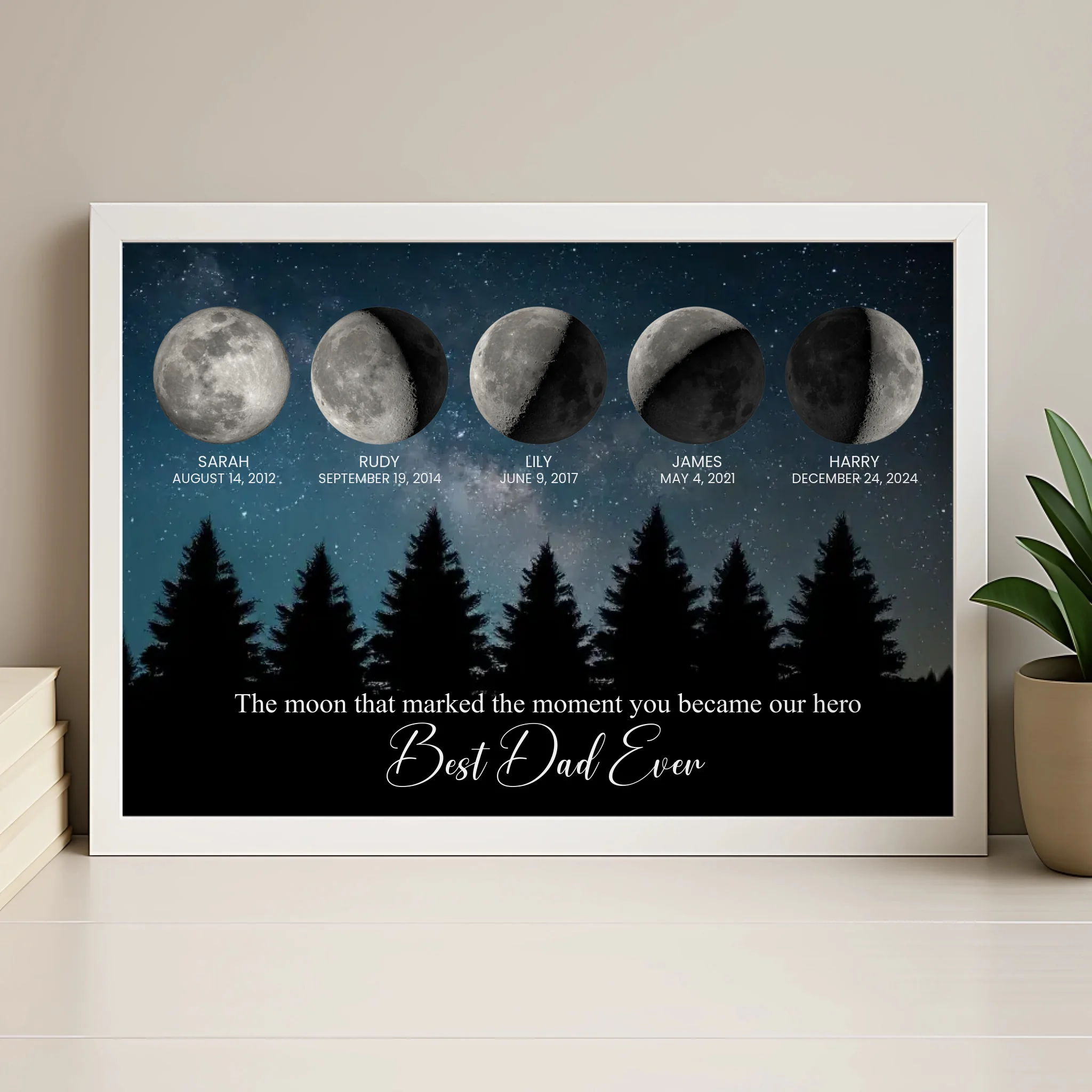 Personalised moon phase family print in a natural wood frame as a Father's Day gift