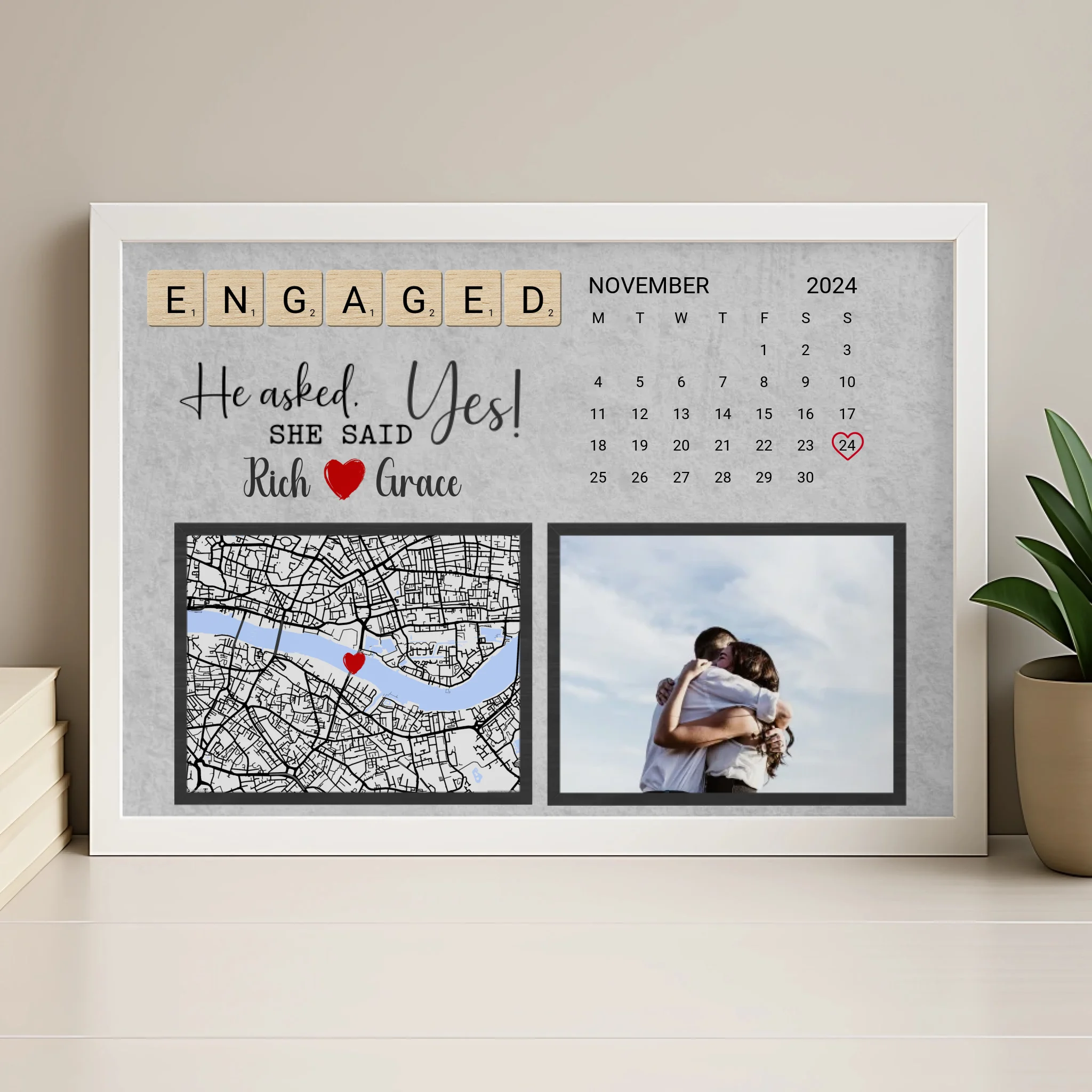 Personalised photo frame in natural wood finish with custom date and map print