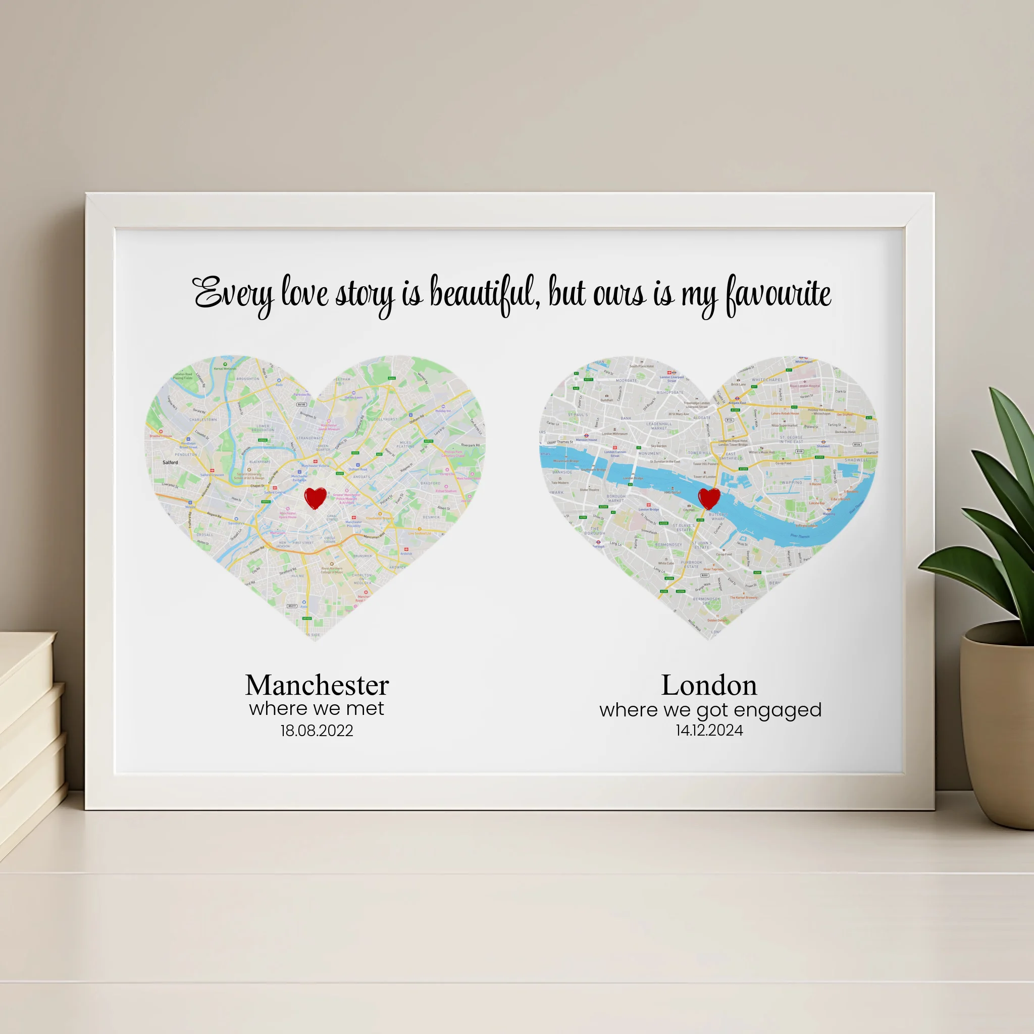 Double heart map print in wood frame personalised with two locations and a date