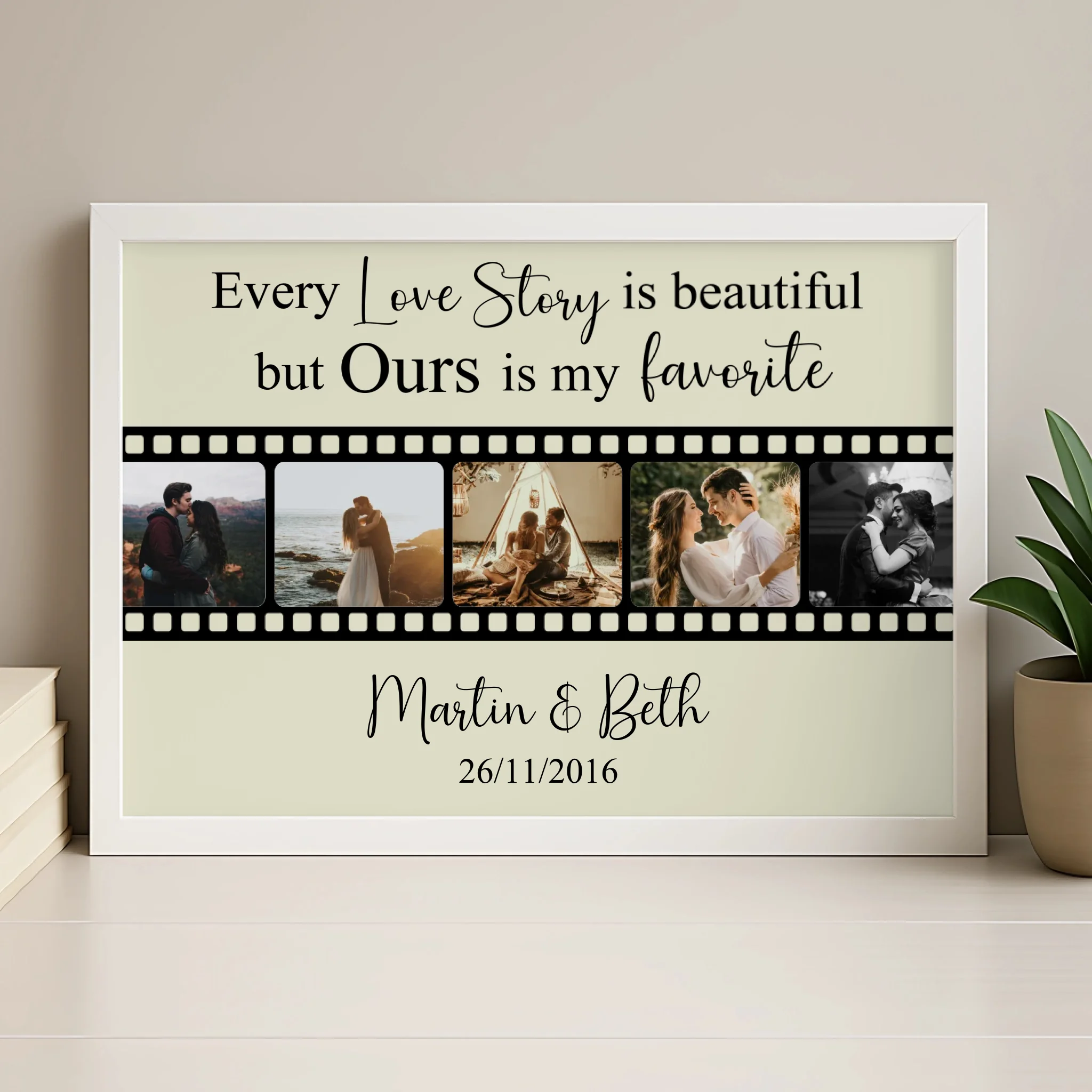 Personalised film strip photo collage print shown in a wood frame