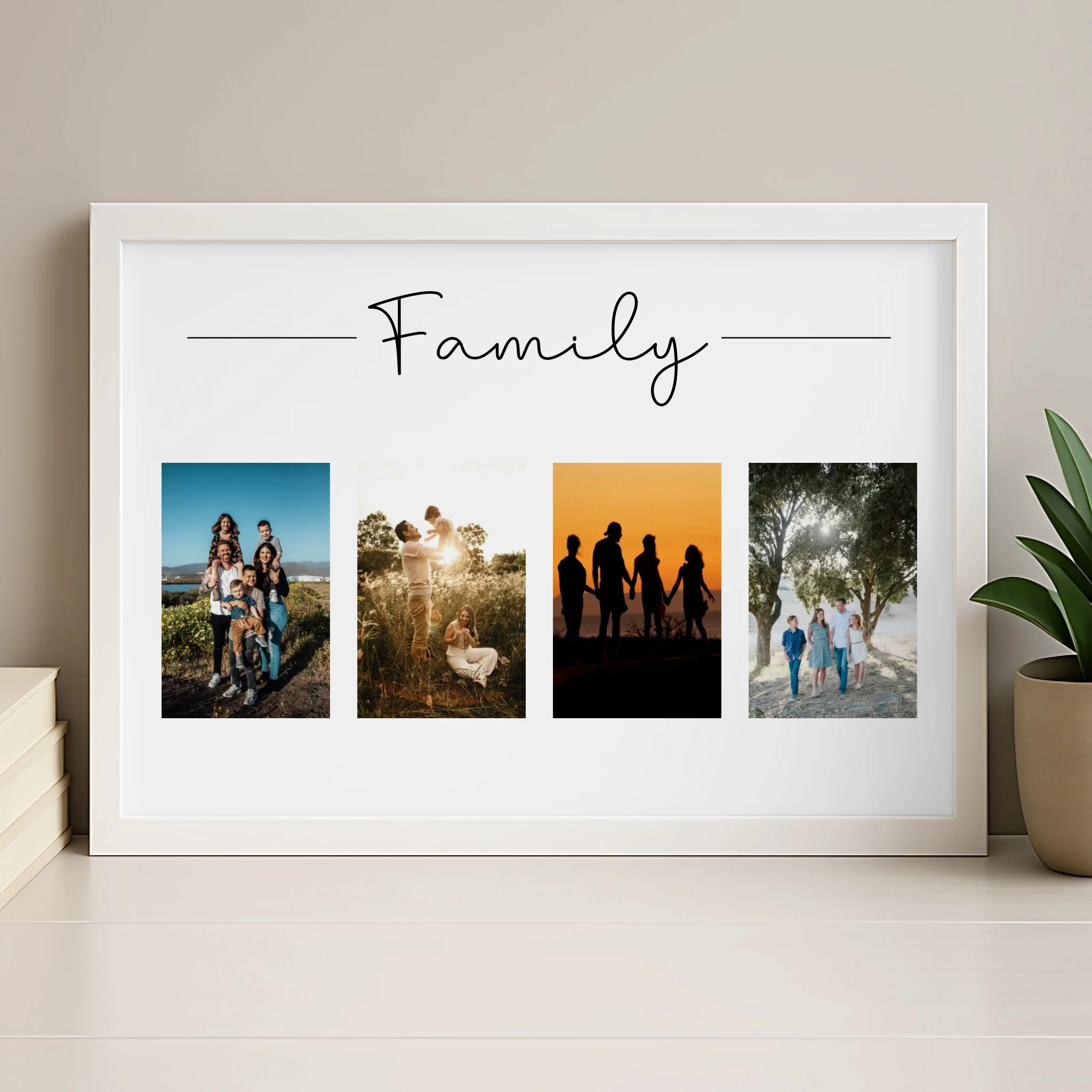 Custom family photo frame in a natural wood finish showing four photos