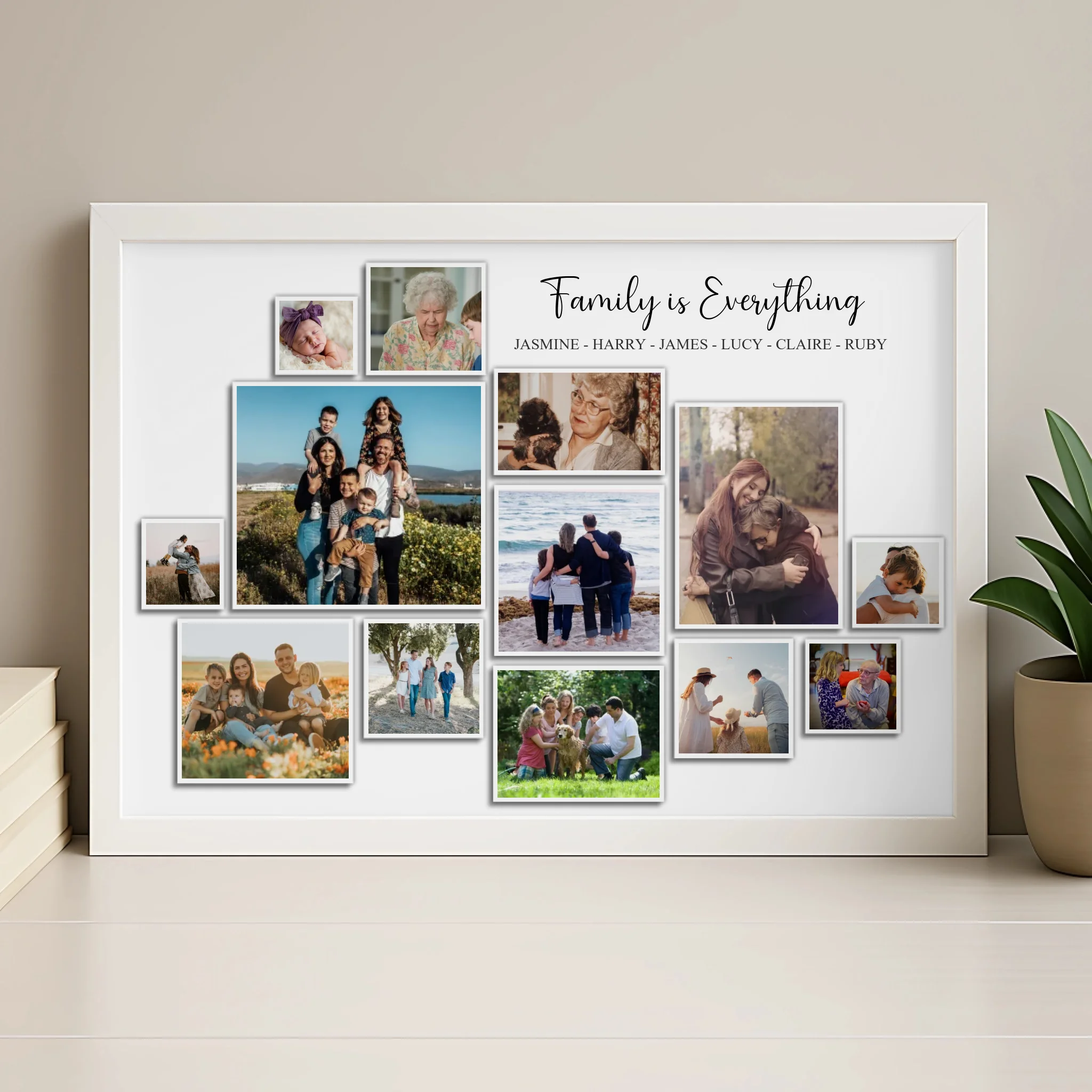 Personalised family photo frame in wood finish showing a custom collage wall print