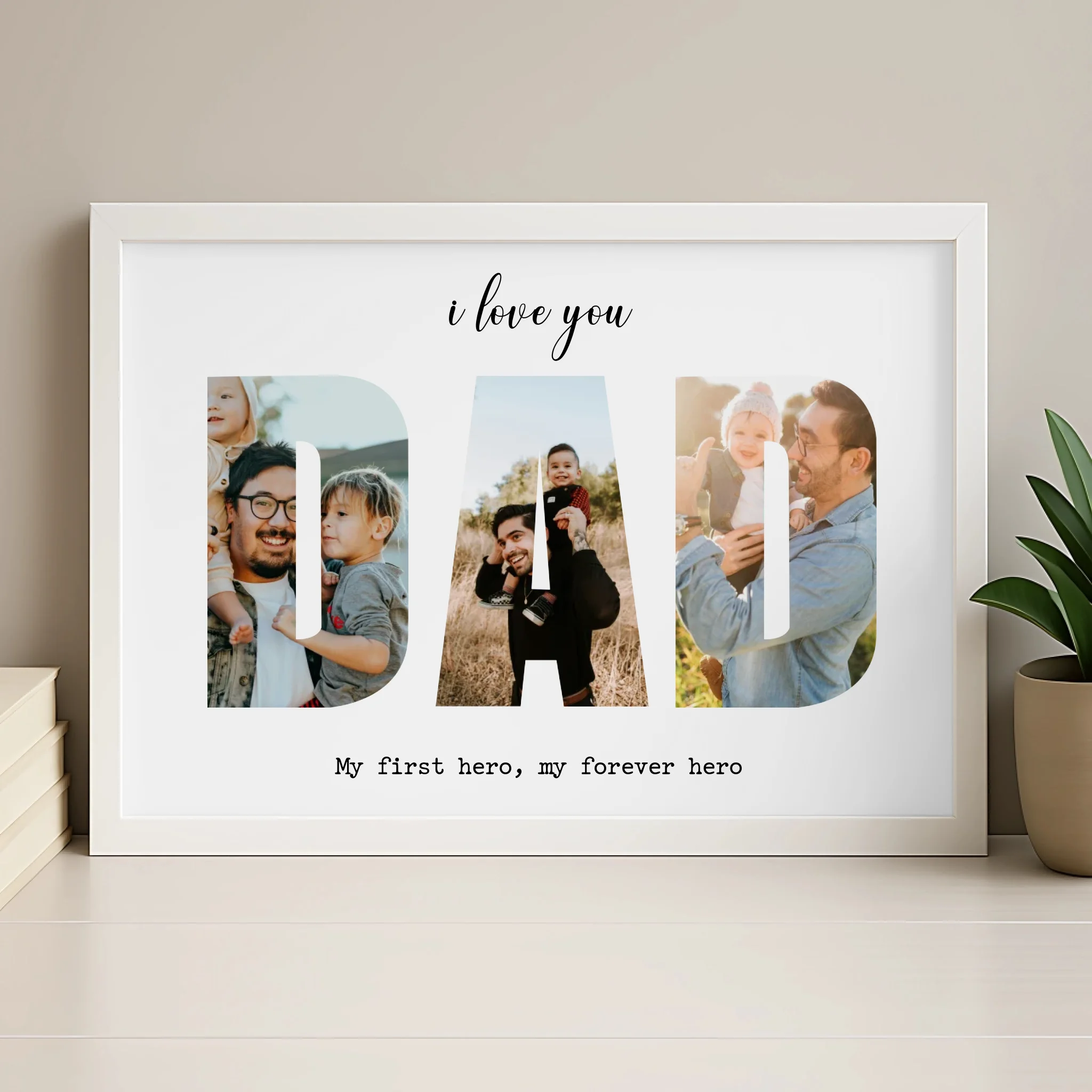 Personalised dad photo frame in wood finish, three photo collage design