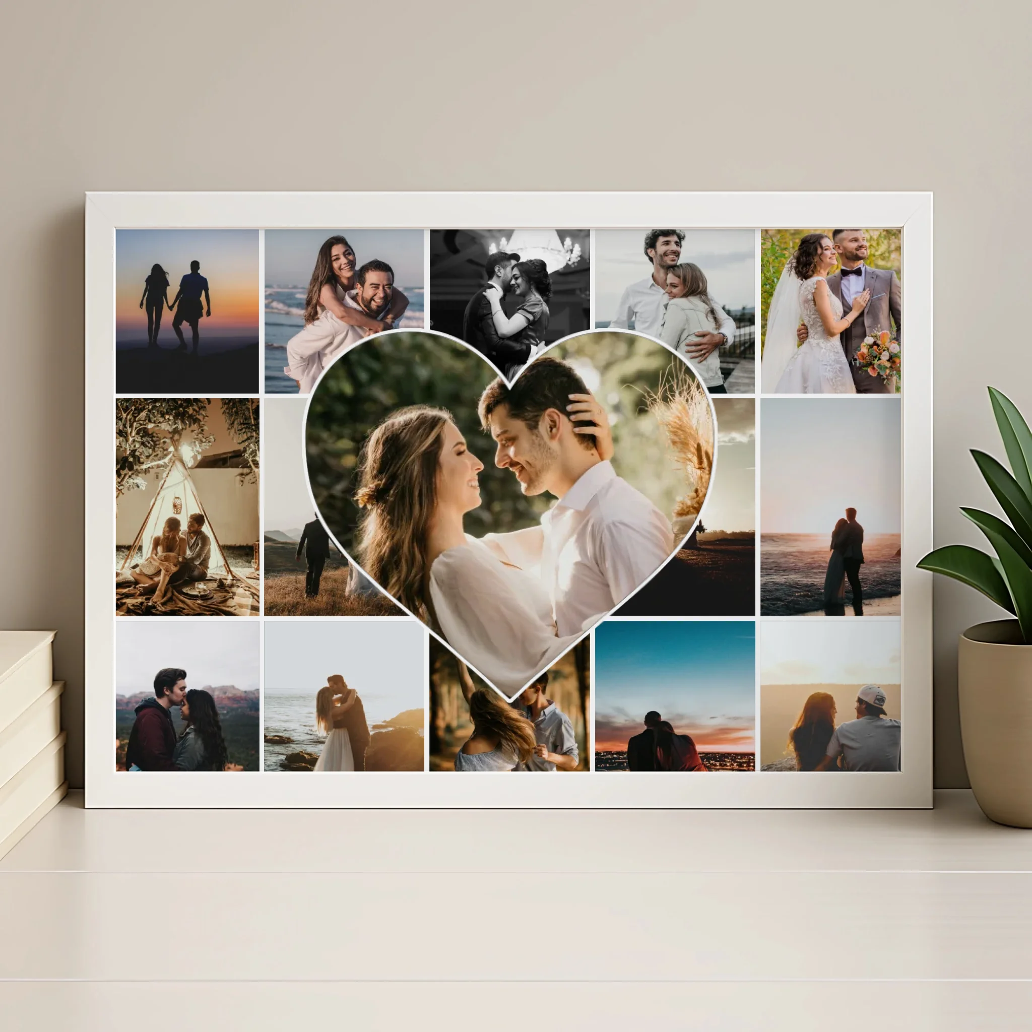 Heart photo collage print with wood effect frame showing 15 personal photos