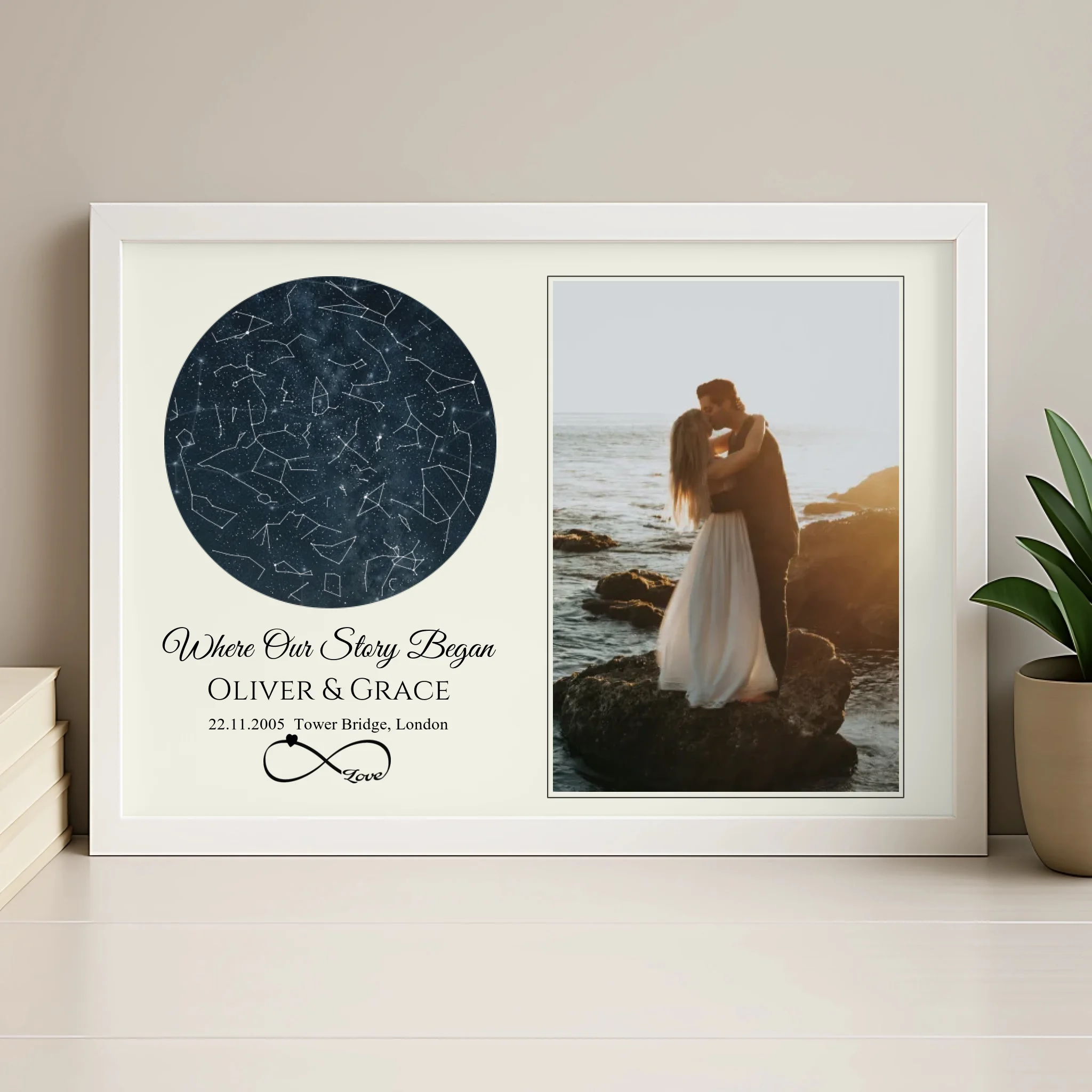 Personalised star map and photo frame in wood finish showing custom night sky and location details