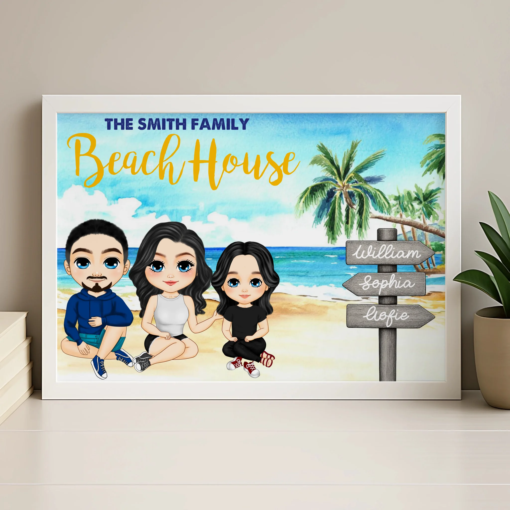Personalised family beach holiday photo frame in a wood frame finish