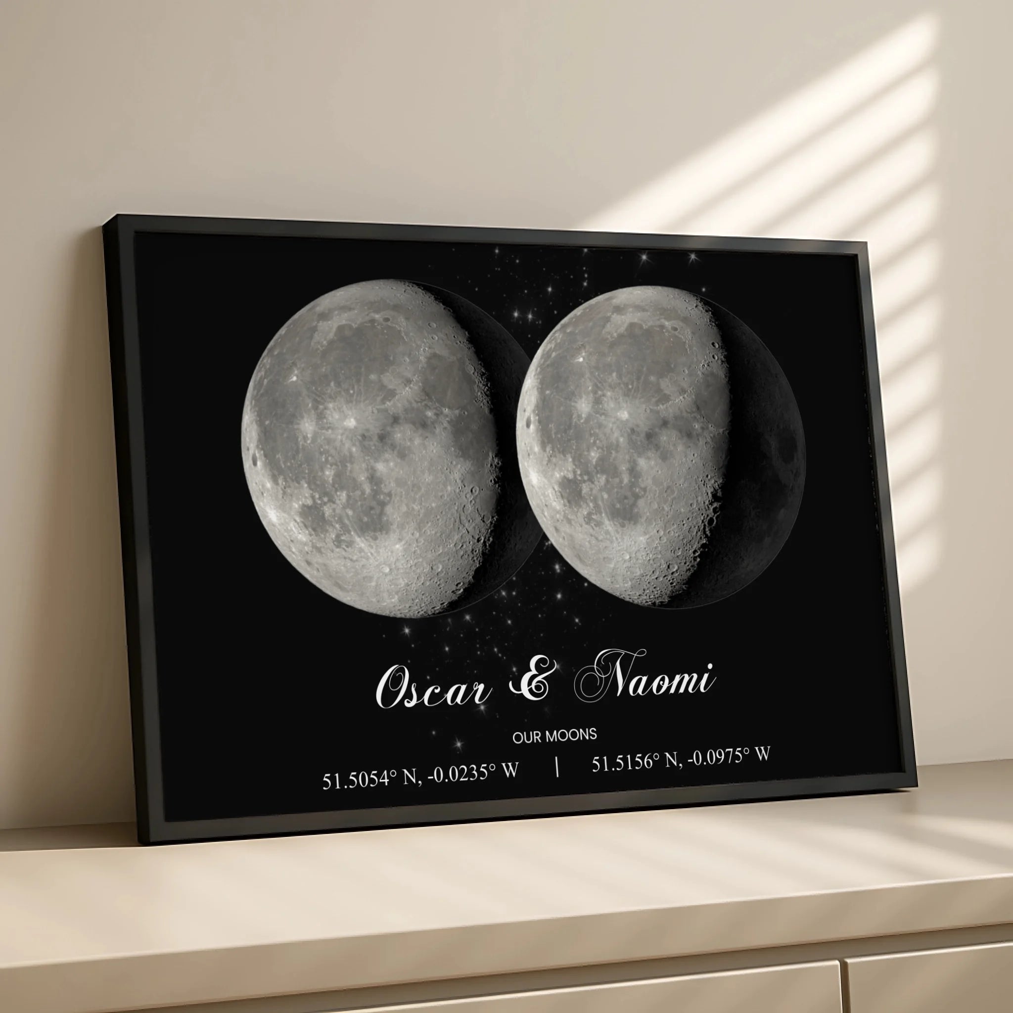 Close-up of personalised moon phase print showing custom text and moon detail