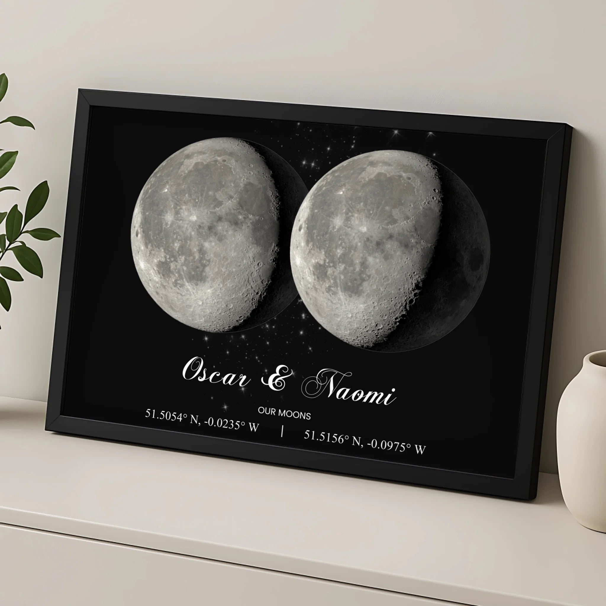 Moon phase couples wall art print with names and coordinates displayed in a frame