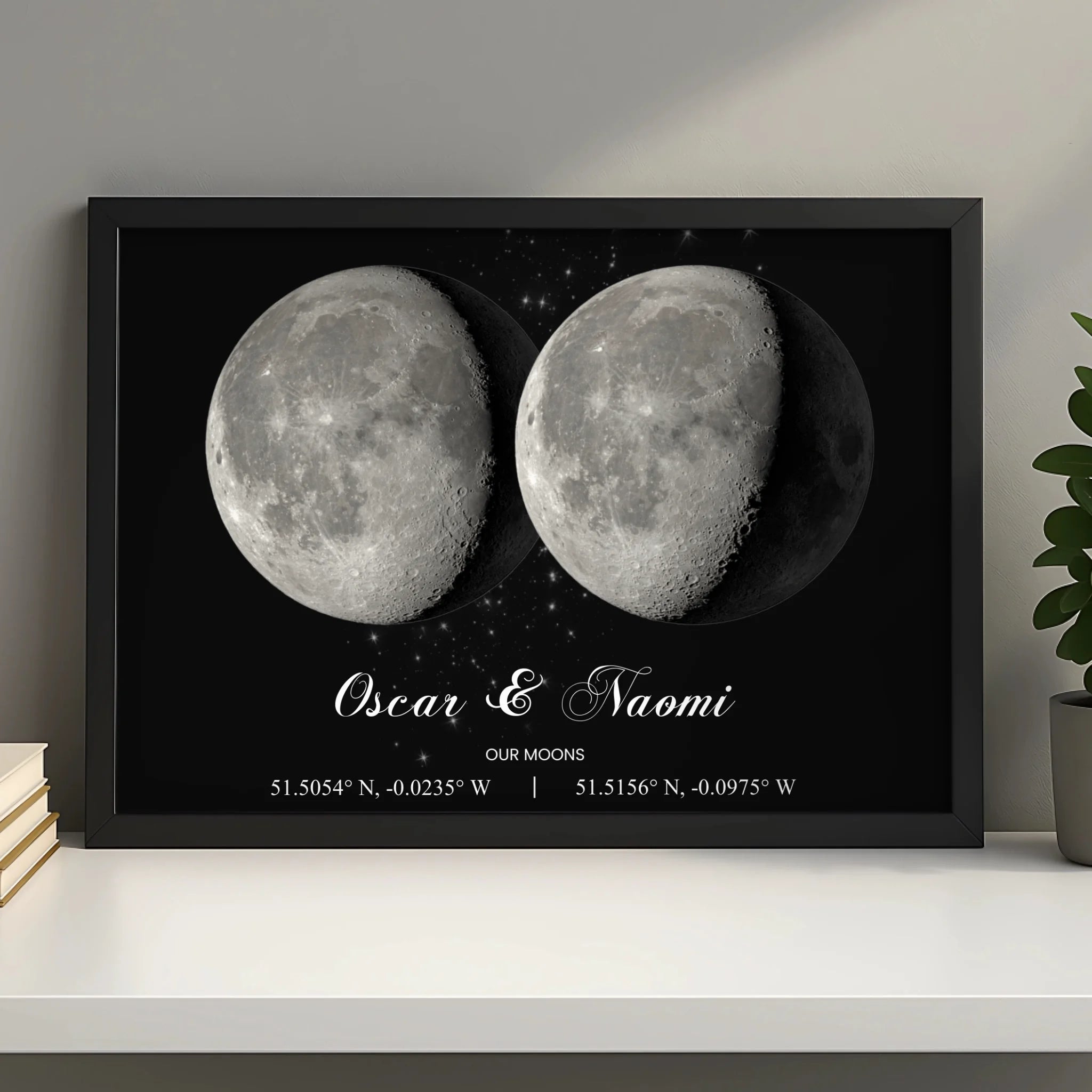 Personalised framed moon phase print as a couples gift, shown on a wall