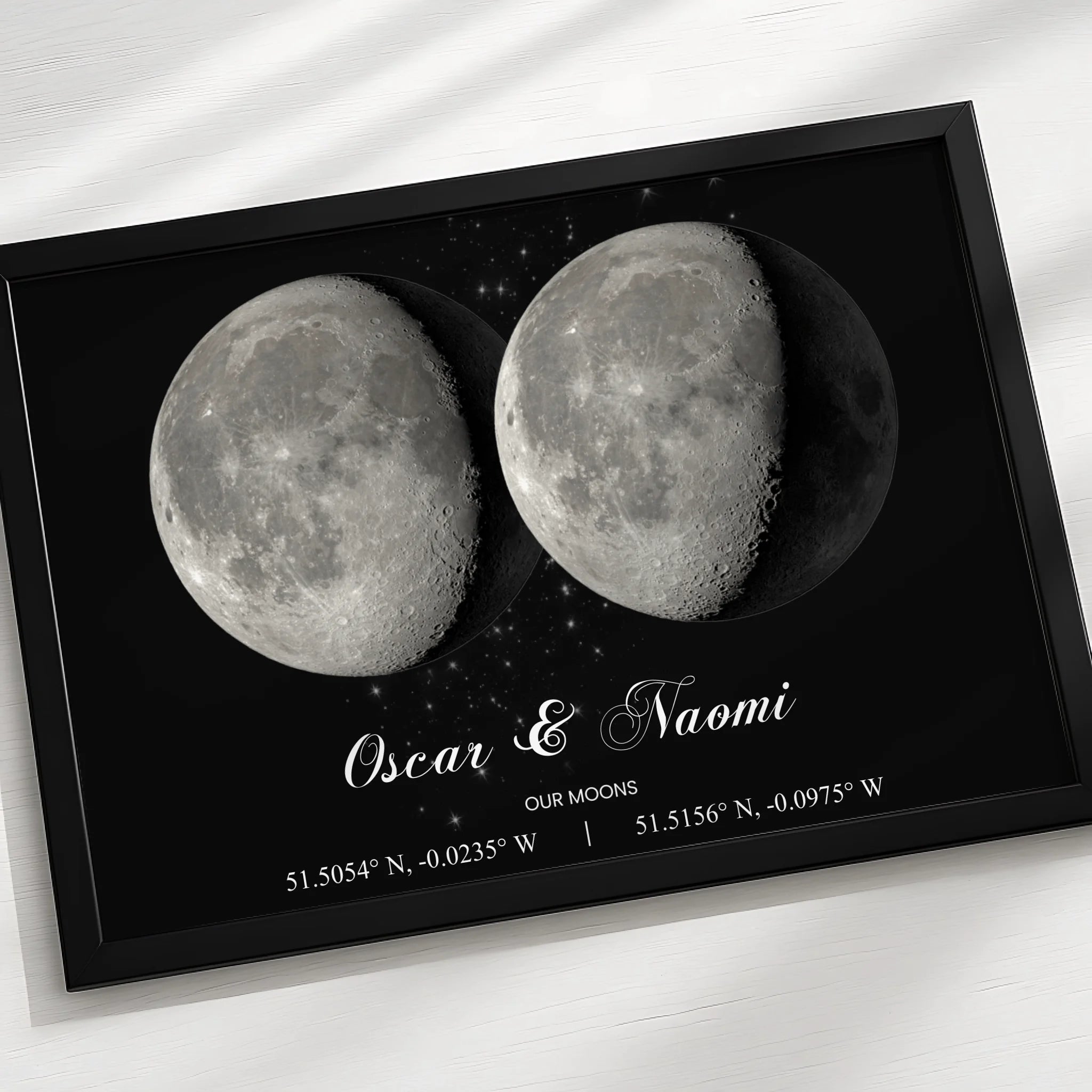 Custom moon phase print with two moons and personalised names in a dark frame