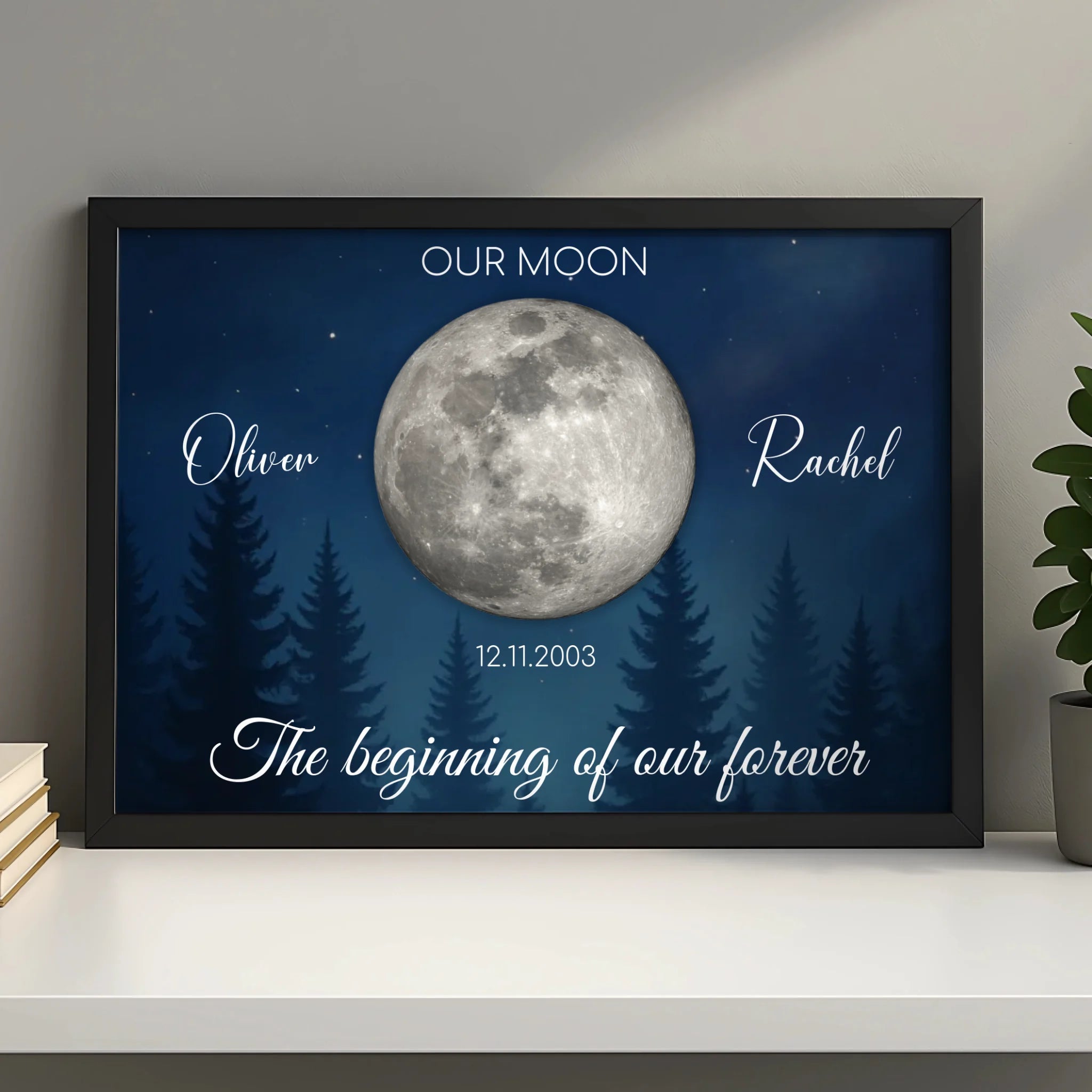 Personalised moon phase print framed in white, showing a custom date and names as a wedding gift