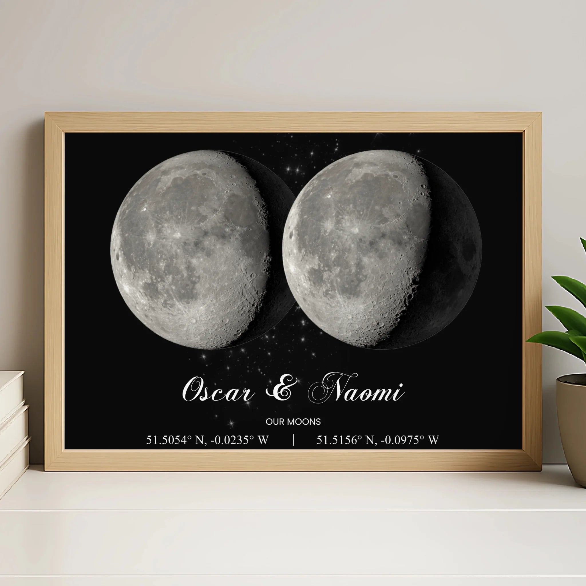 Personalised moon phase framed print in white frame option