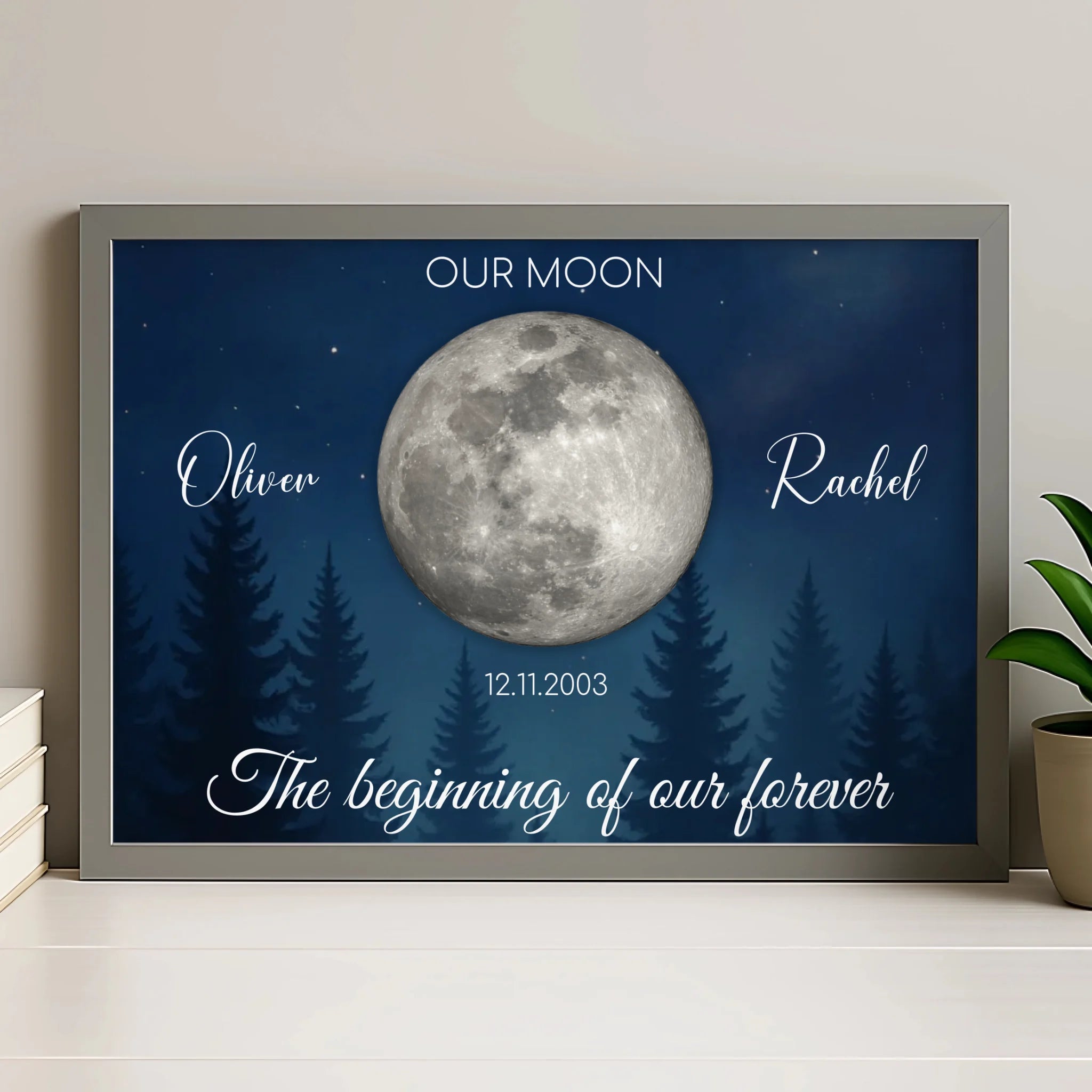 Personalised moon phase print displayed in a grey photo frame with custom names and date
