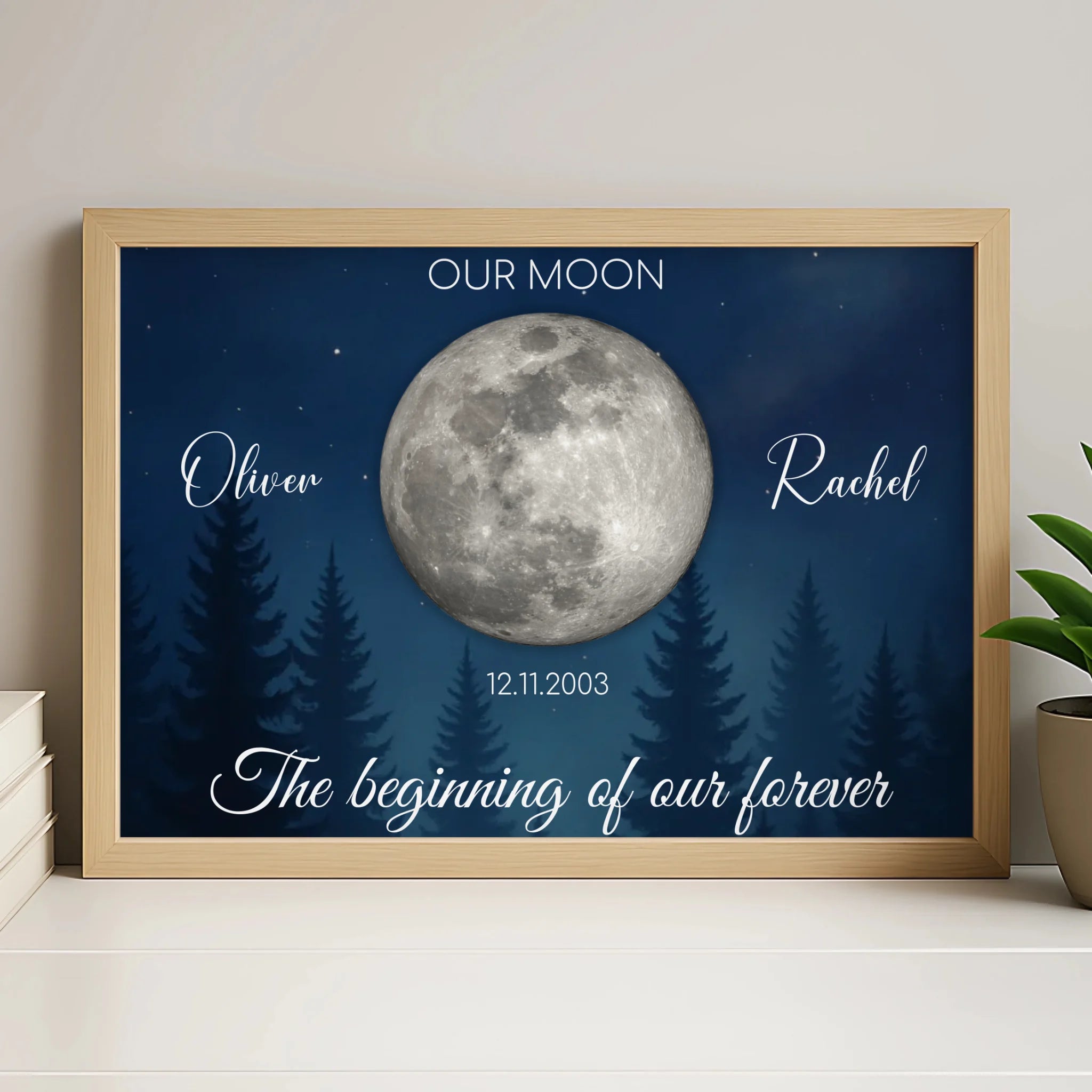 Personalised moon phase night sky print in a white frame, A3 size with names and date