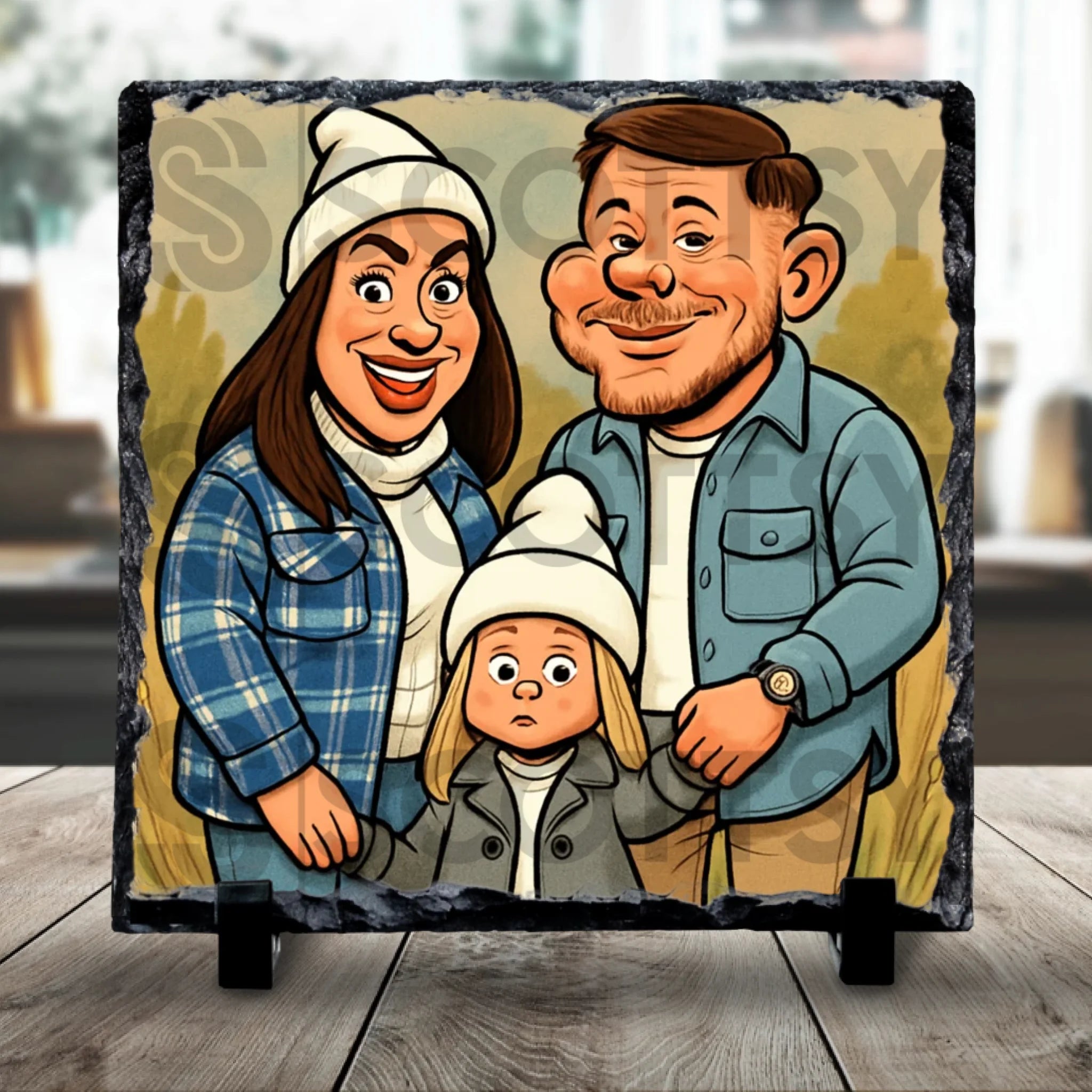 Personalised photo slate with a custom cartoon caricature portrait of a person