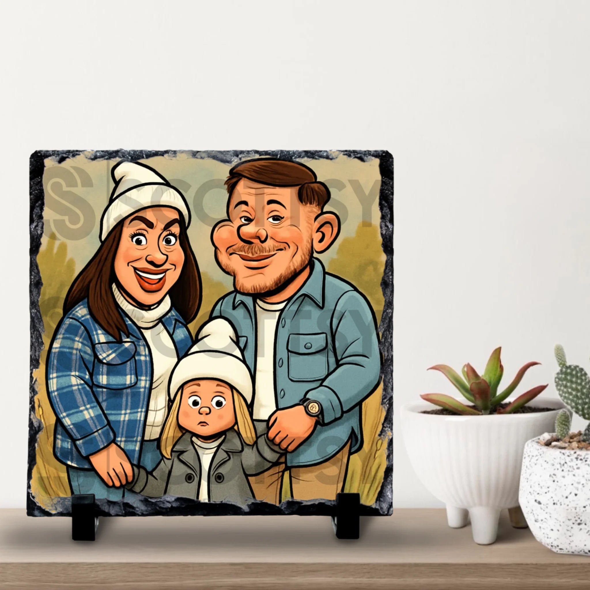 Close-up of a personalised cartoon caricature on a slate plaque