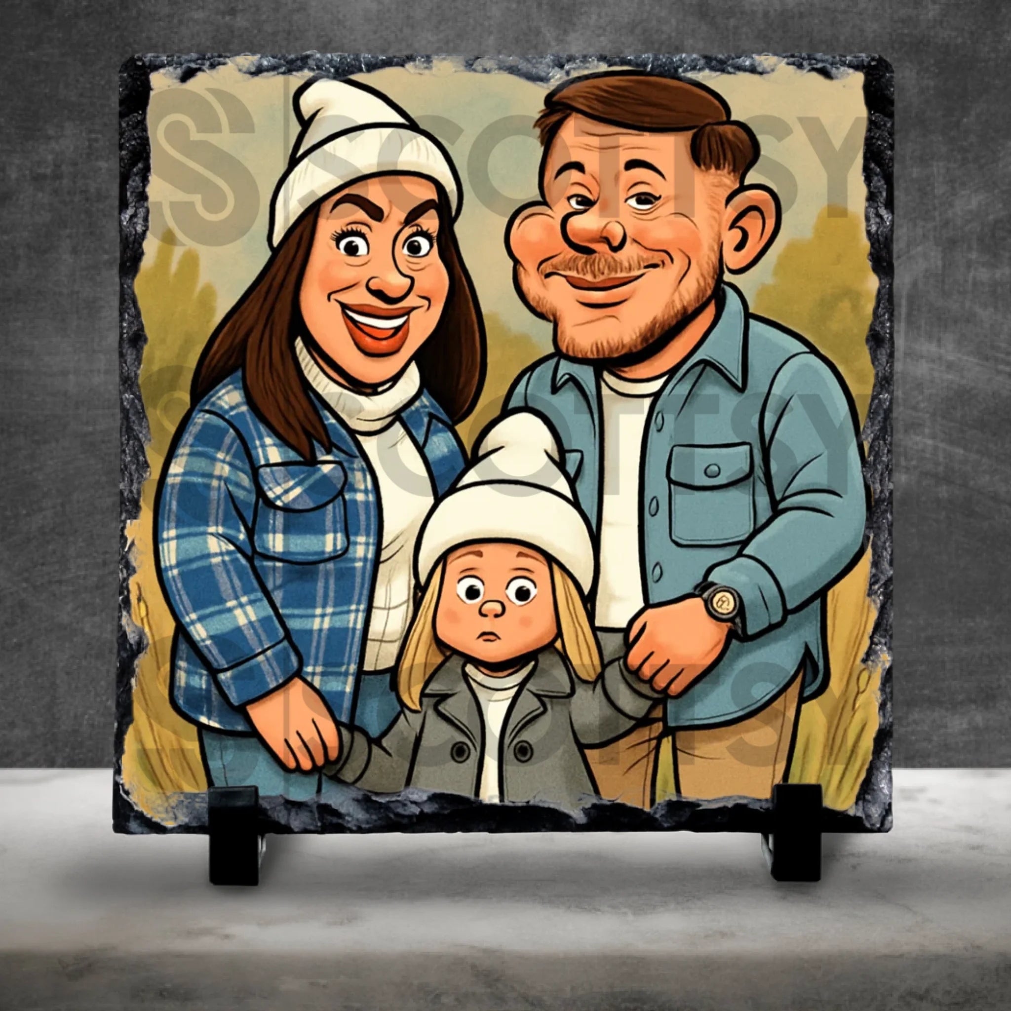 Personalised pet photo slate with a cartoon caricature of a dog