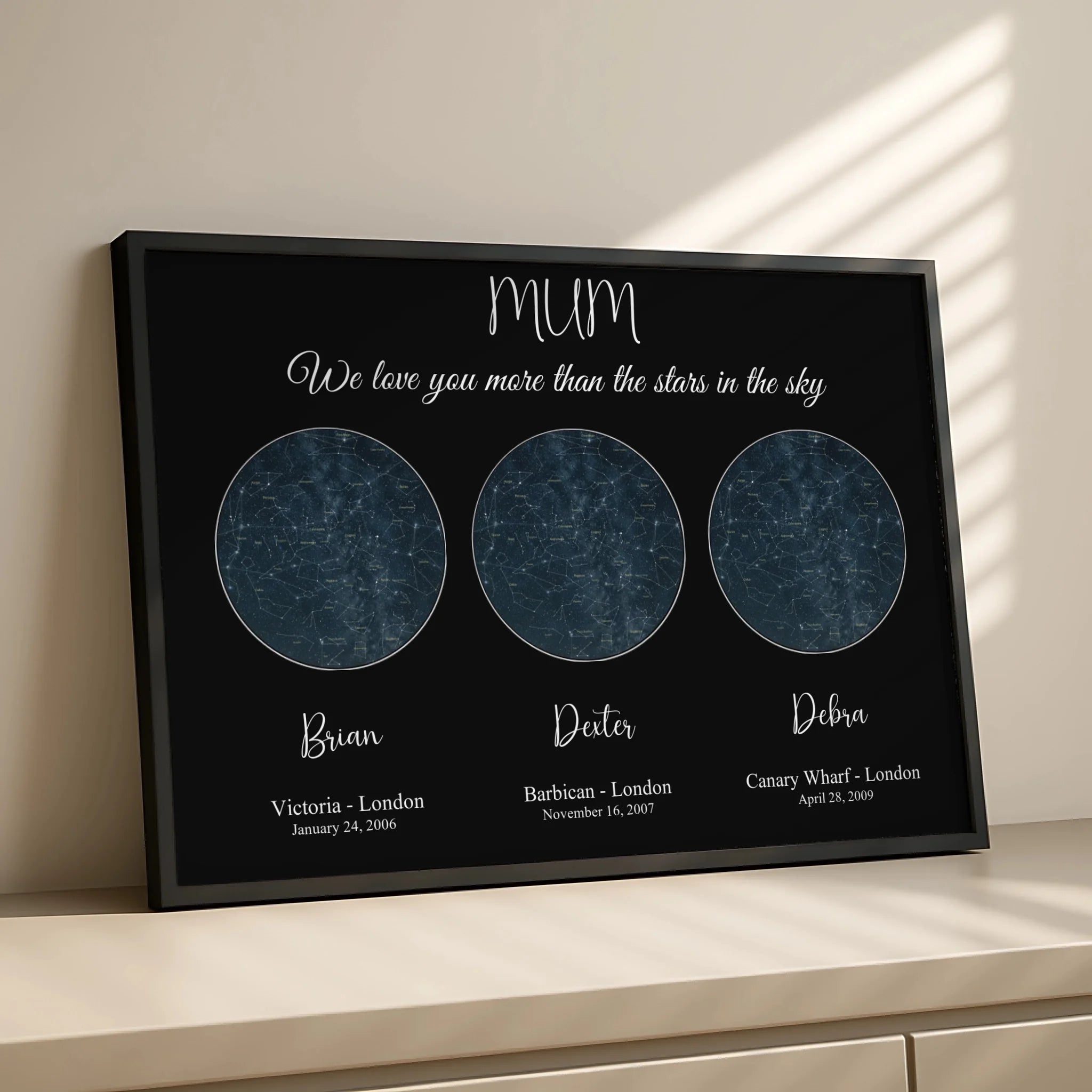 Personalised night sky print with three star charts, names and a special date