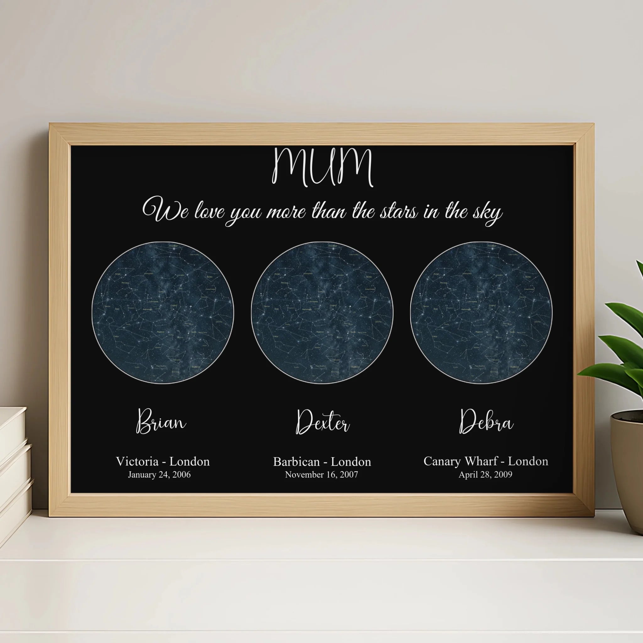 Personalised star map print in a white frame with names and date personalisation