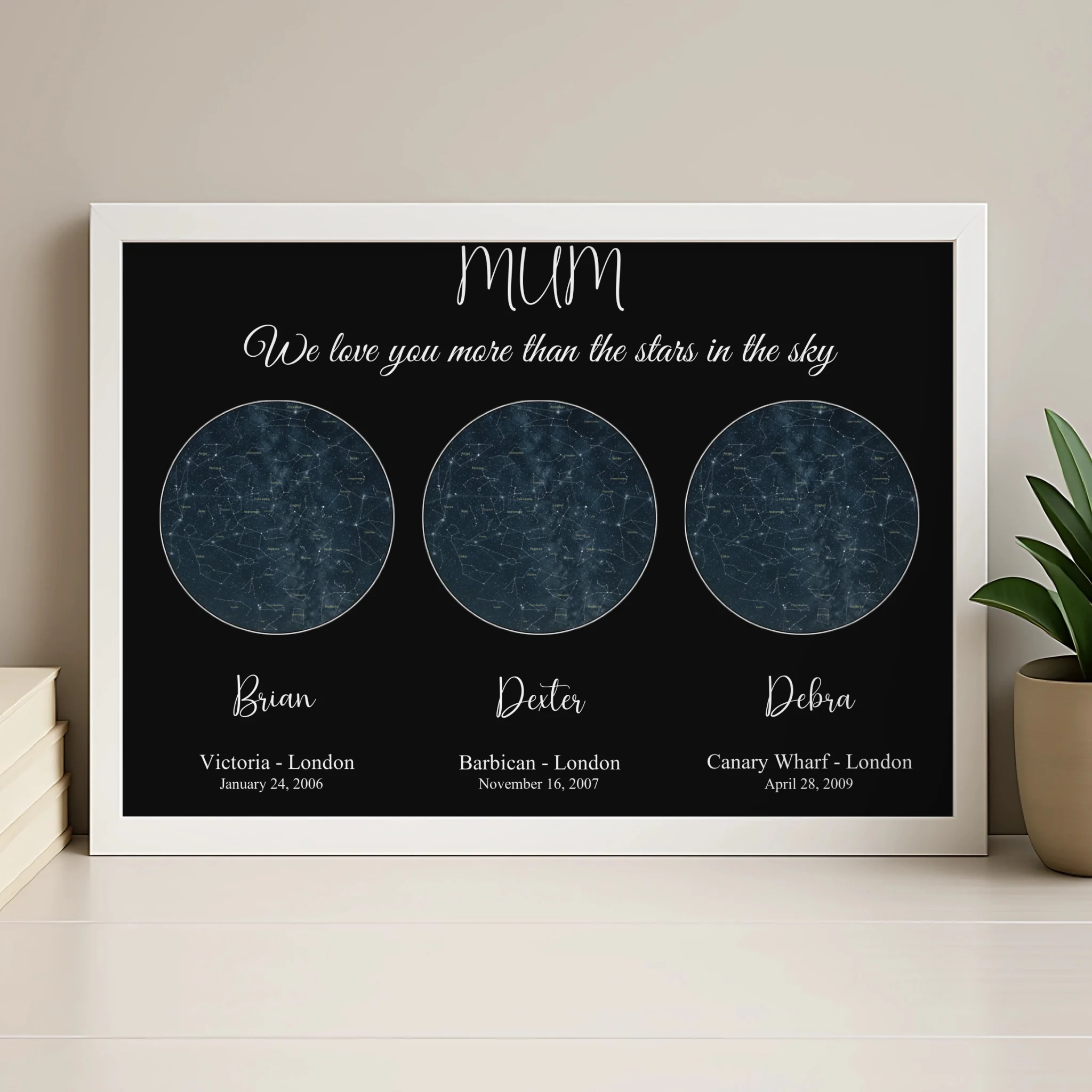 Personalised star map print in a wood-effect frame with custom star chart and text