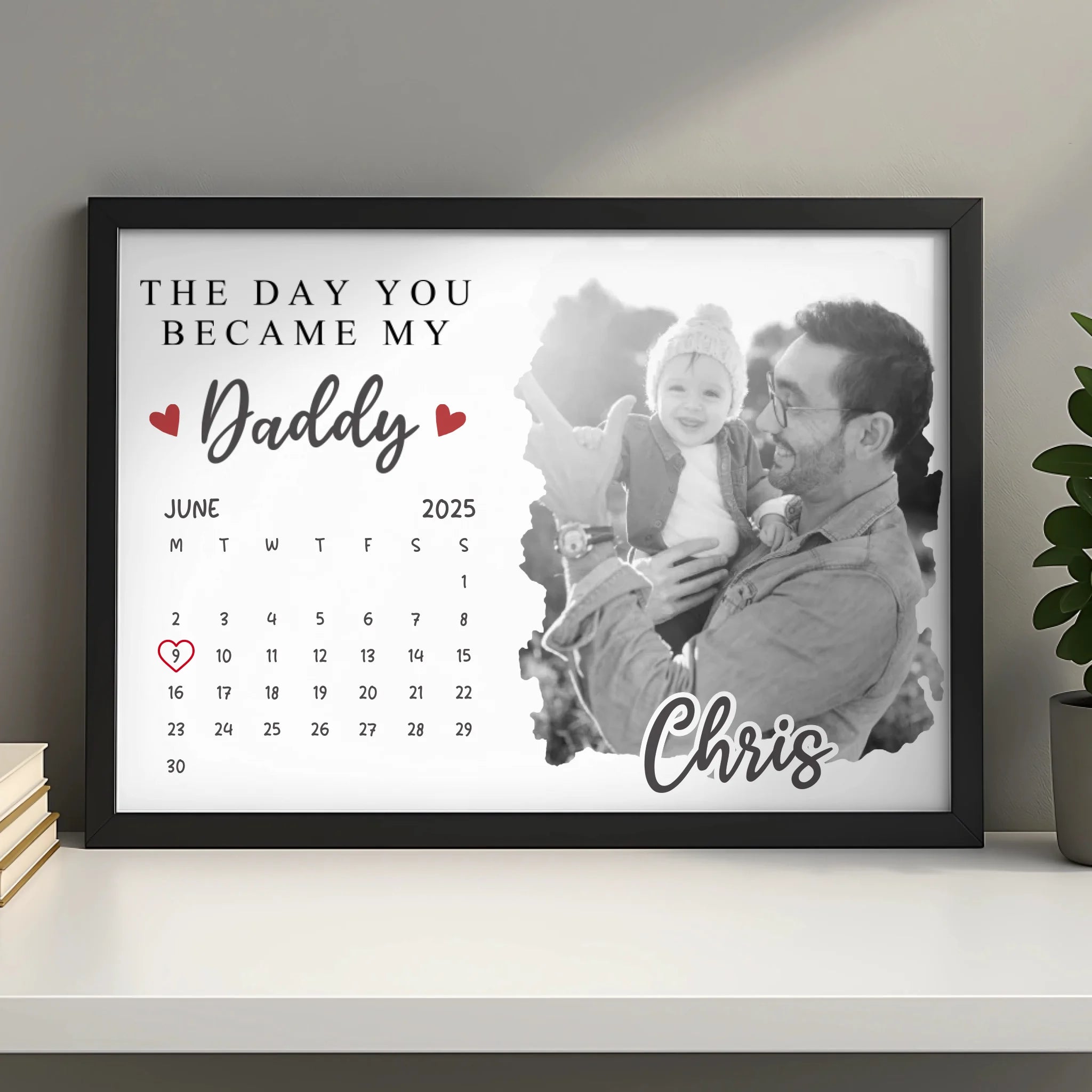 Personalised first Father's Day photo print with black and white design