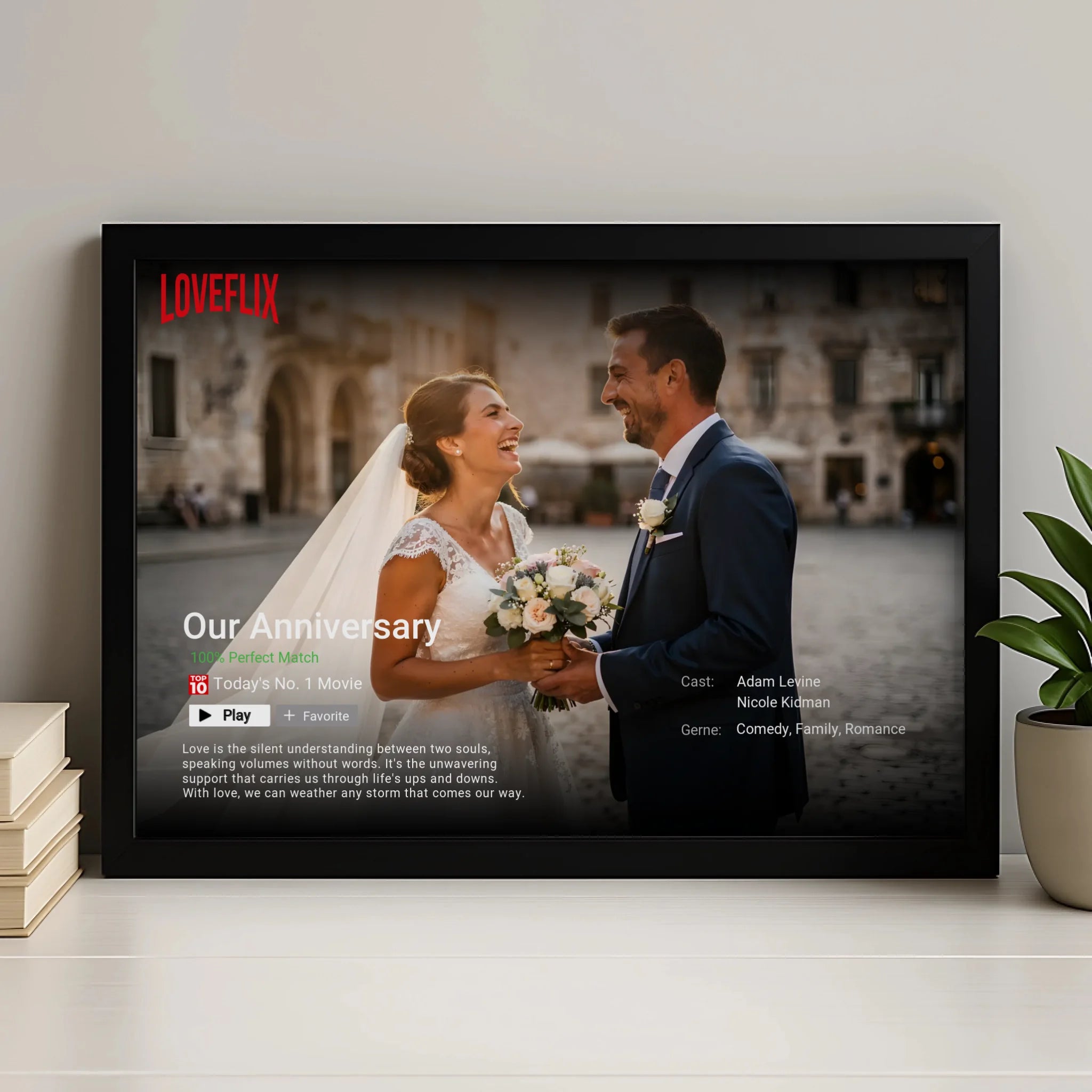 Our Love Story personalised photo frame designed as a movie streaming card with custom names and date