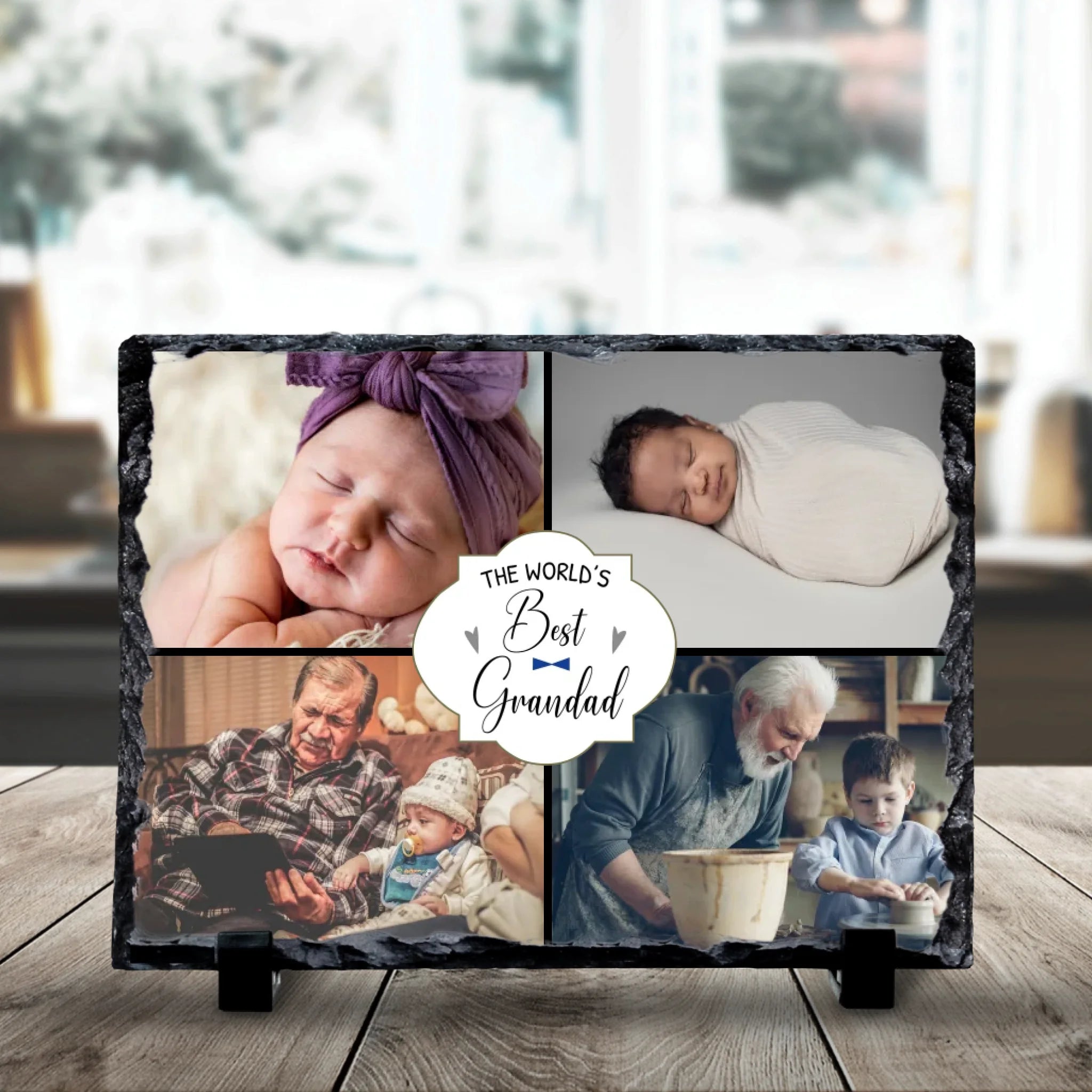 Custom photo slate gift for Grandad showing four family photos on a 19x14cm slate