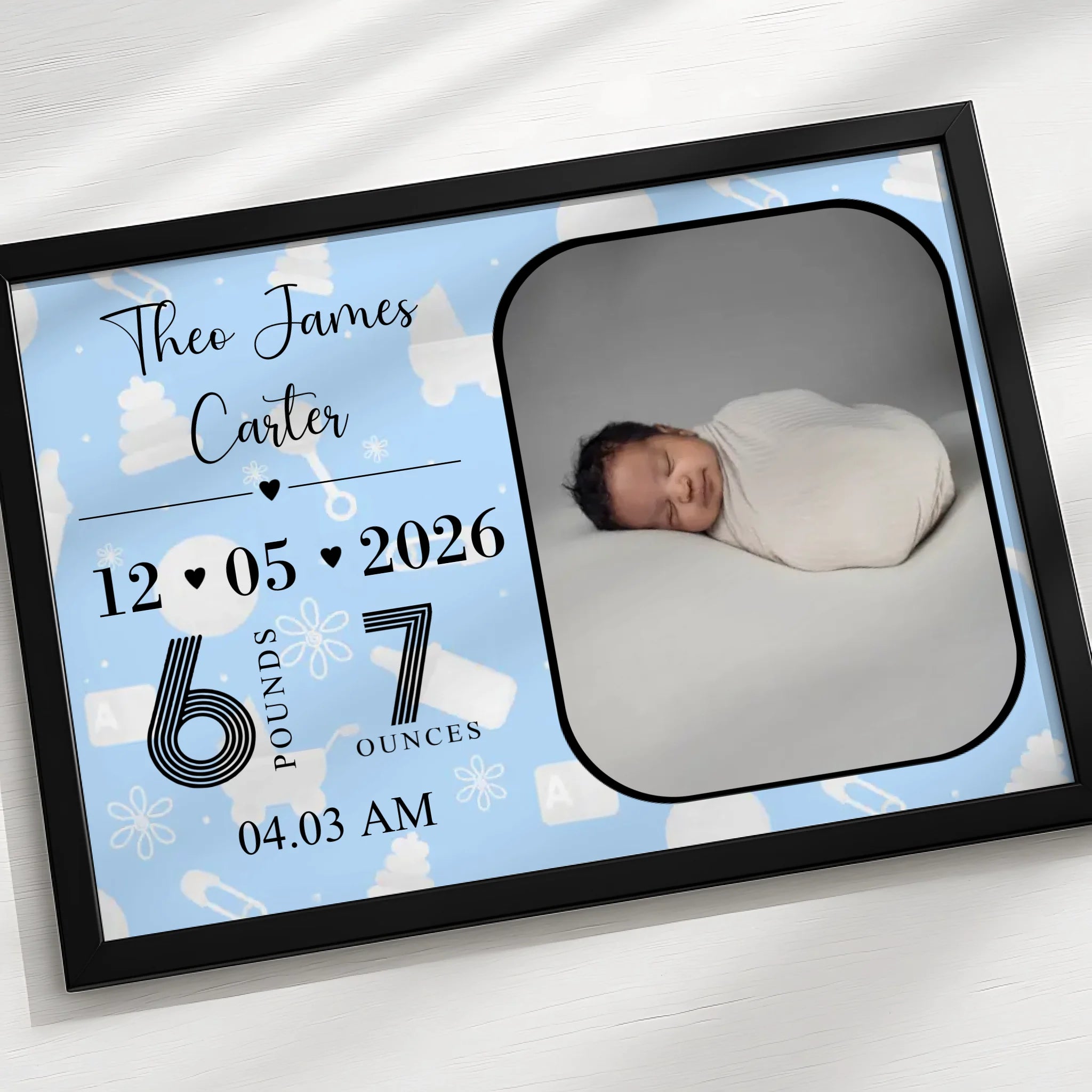Custom newborn birth date print in a photo frame as a new baby gift