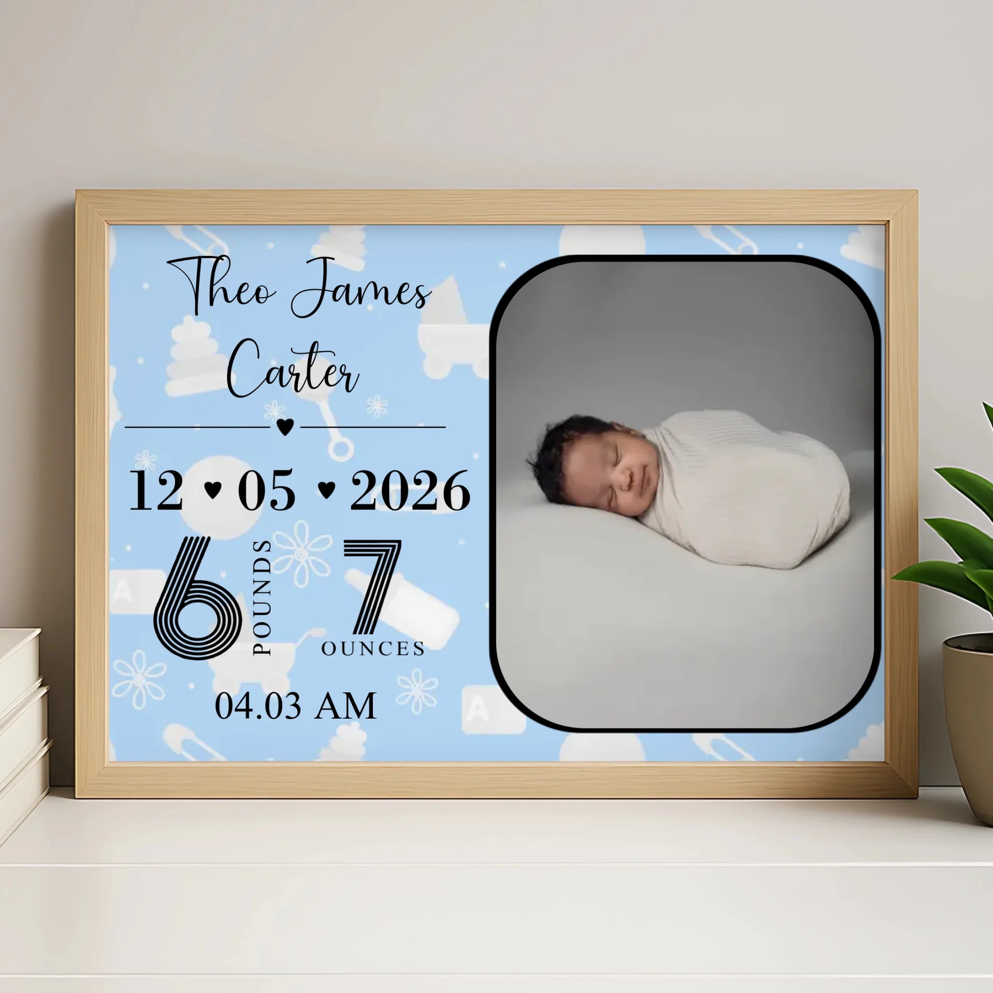 Personalised new baby print in a white photo frame with custom name and birth details