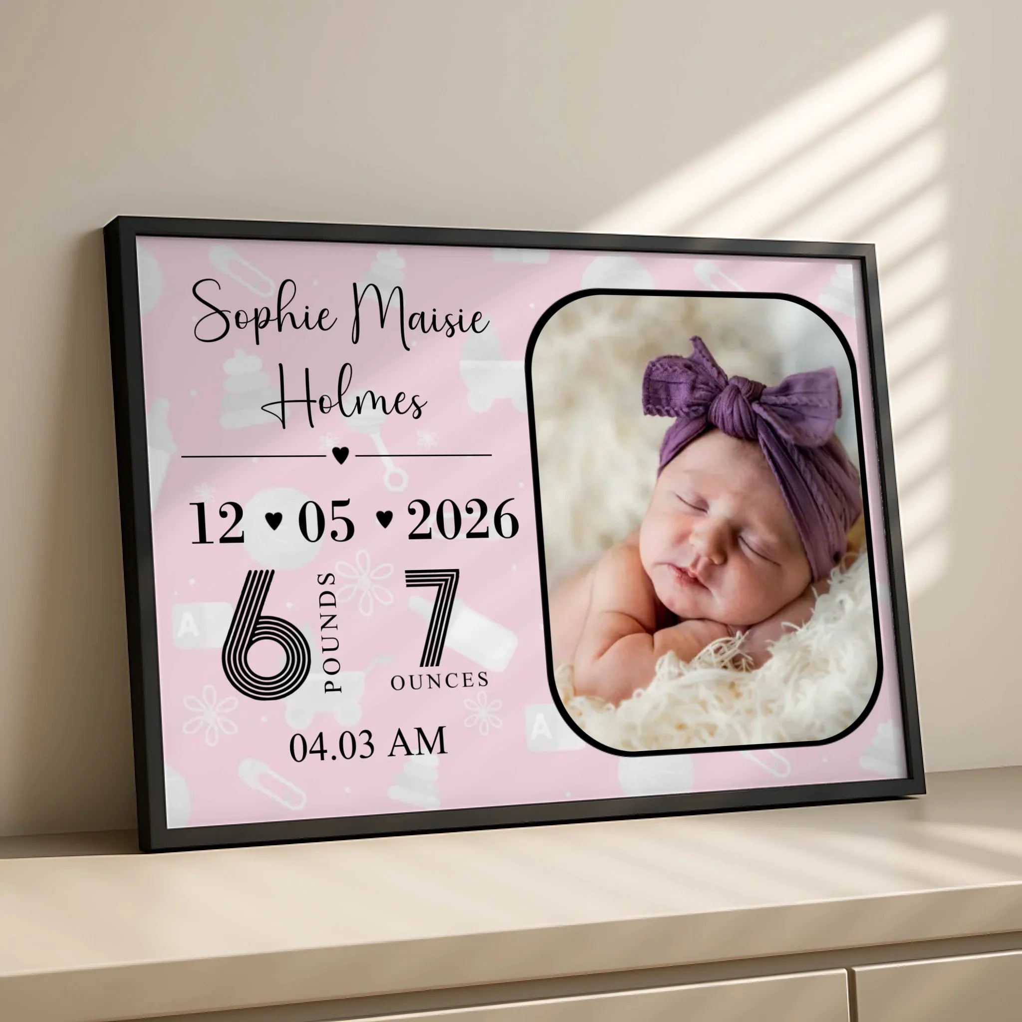 Personalised newborn keepsake print displayed in a nursery frame