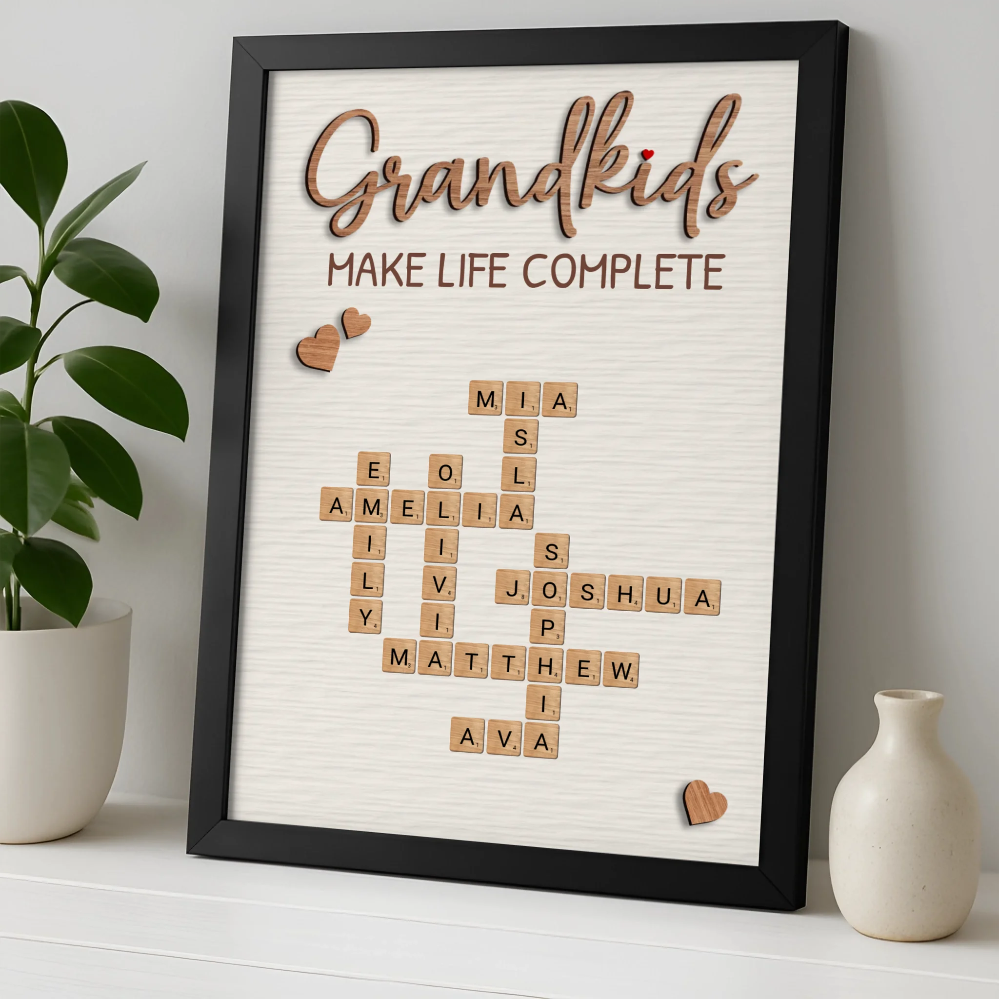 Personalised Grandkids Wood Tile Crossword | Custom Family Name Interlocking Wall Art | Unique Grandparent Anniversary & Birthday Gift