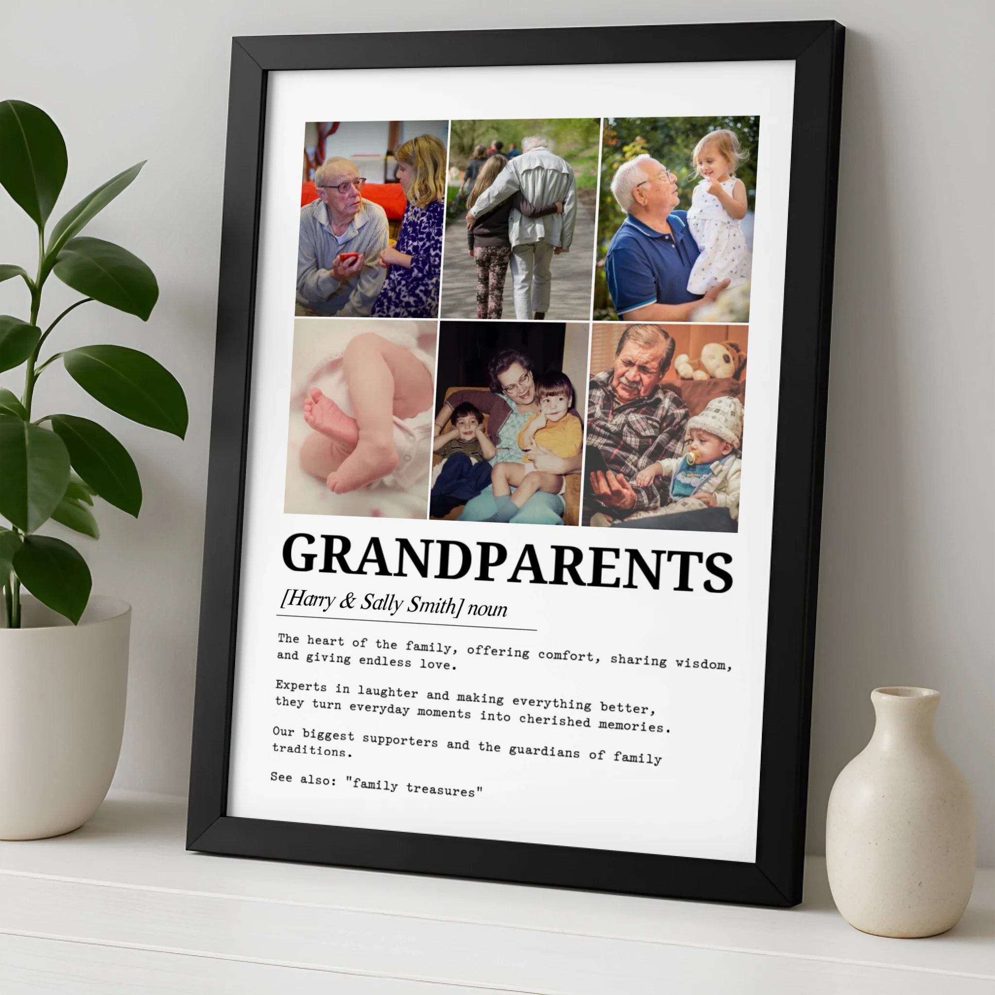 Close-up of grandparents definition personalised photo print showing dictionary-style text