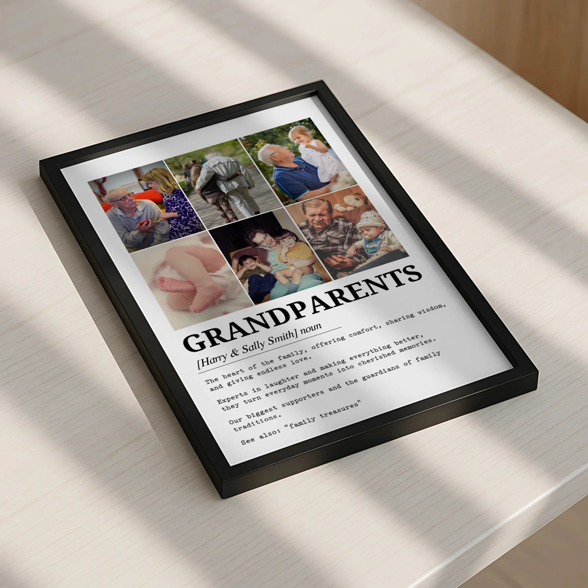 Grandparents definition custom photo print showing six family photo slots