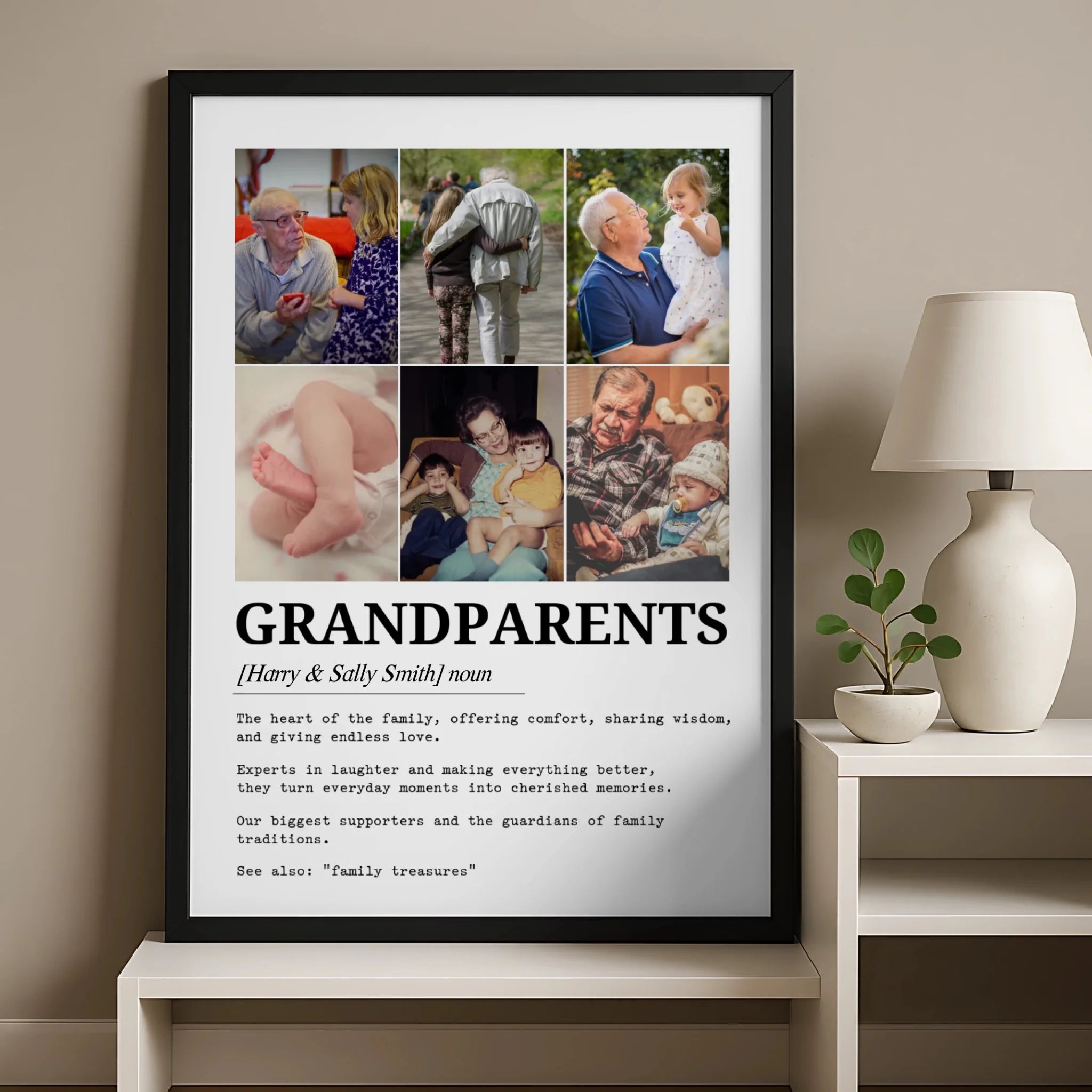 Personalised family photo frame print with dictionary definition layout for grandparents