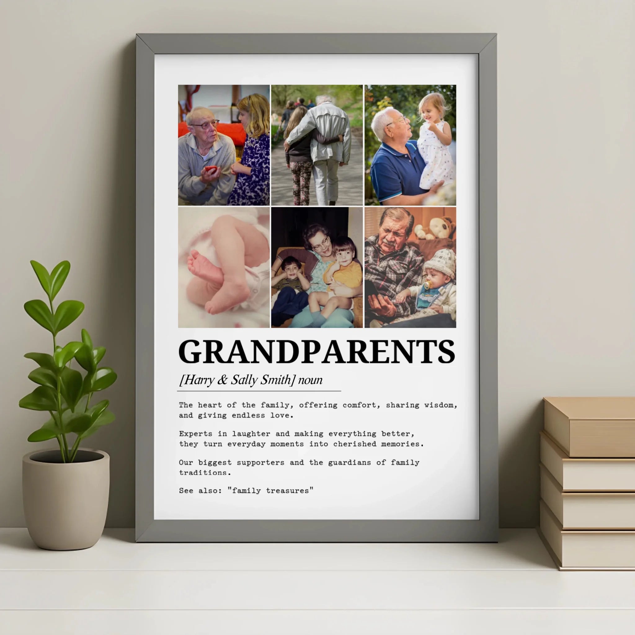Grey framed personalised grandparents definition photo print with six family images