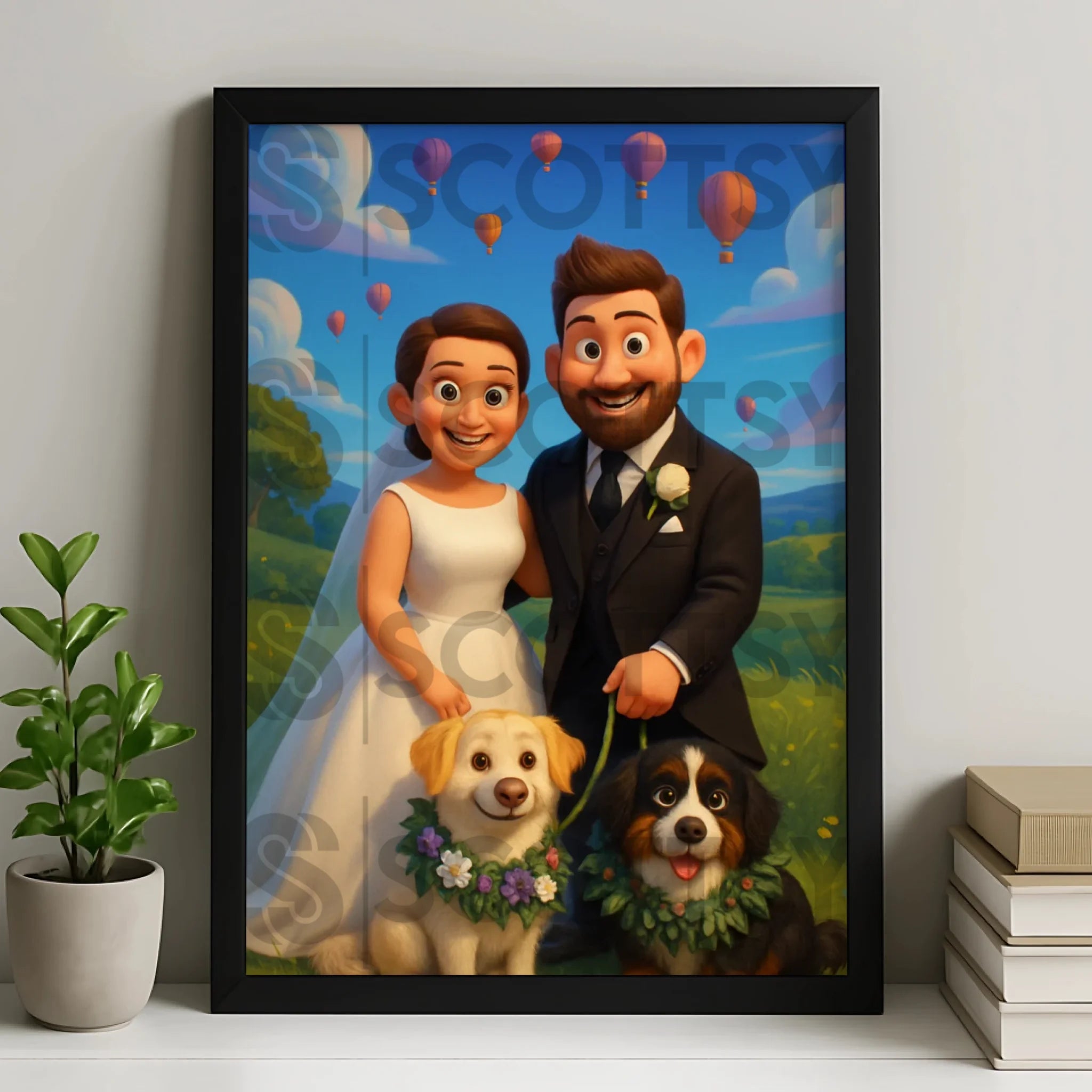 Custom Cartoon Style Portrait Frame | Personalised Cartoon Couple & Pet Illustration | Unique Anniversary or Gift Wall Art