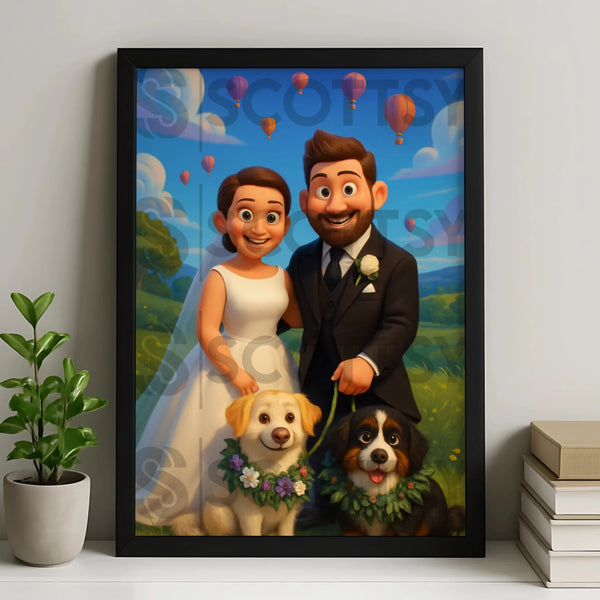 Personalised photo frame with a custom cartoon couple portrait illustration