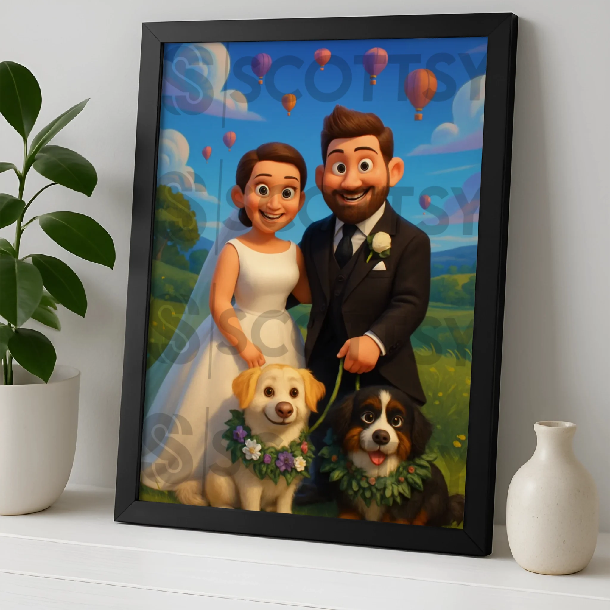 Custom cartoon couple and pet portrait in a personalised photo frame