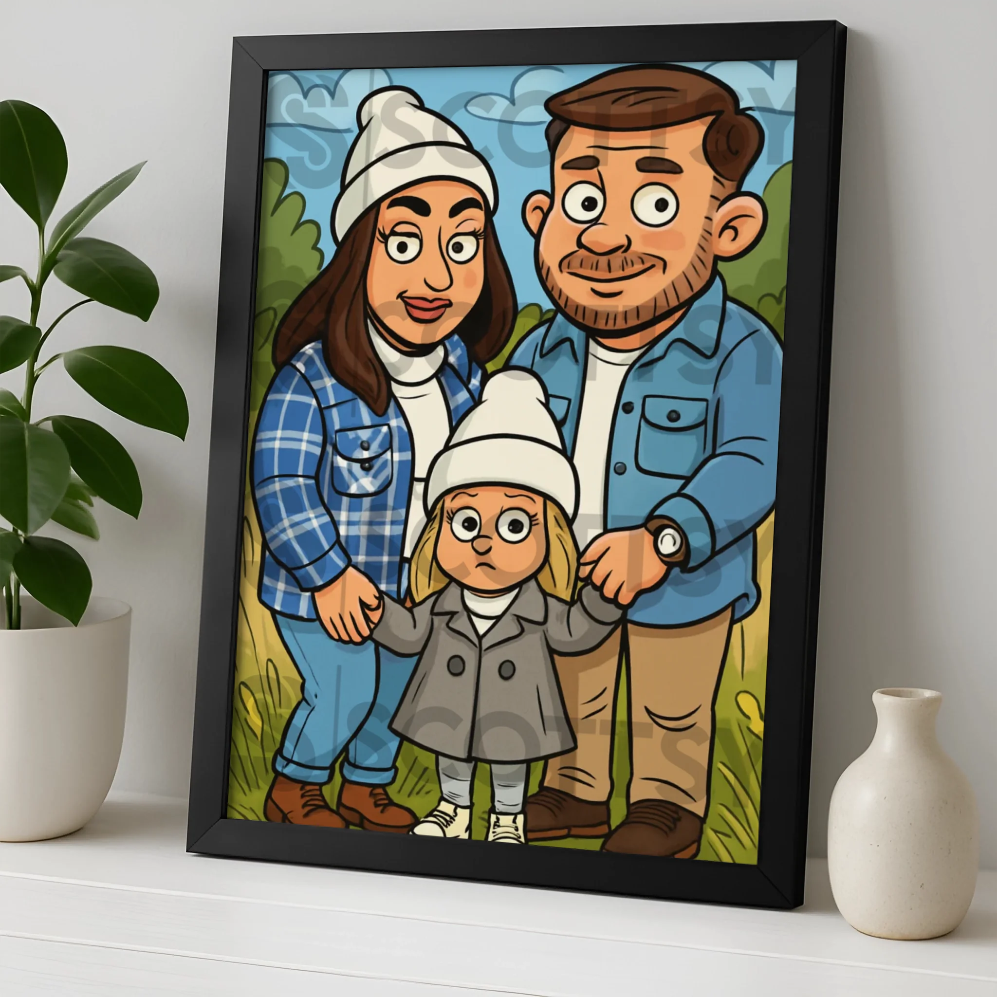 Personalised family caricature wall art printed in a photo frame