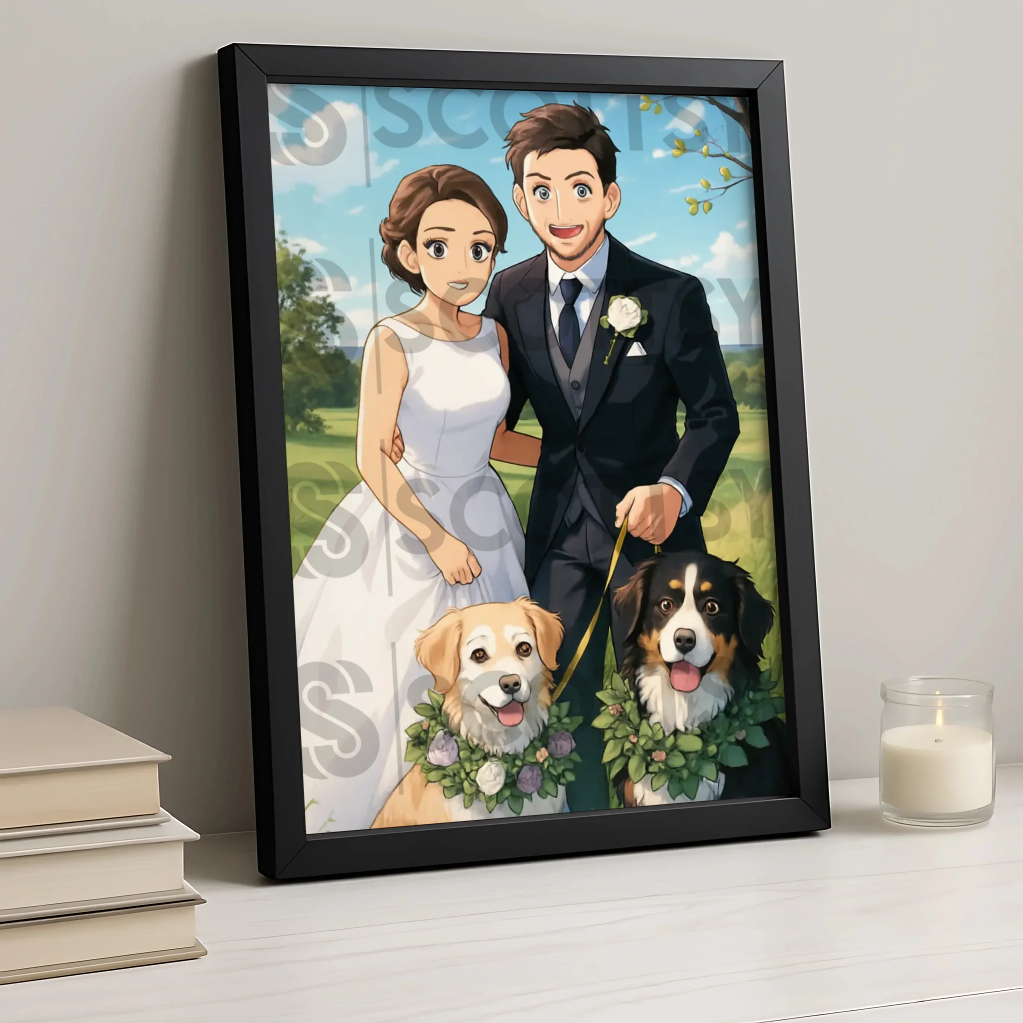 Custom manga style family illustration in a personalised photo frame