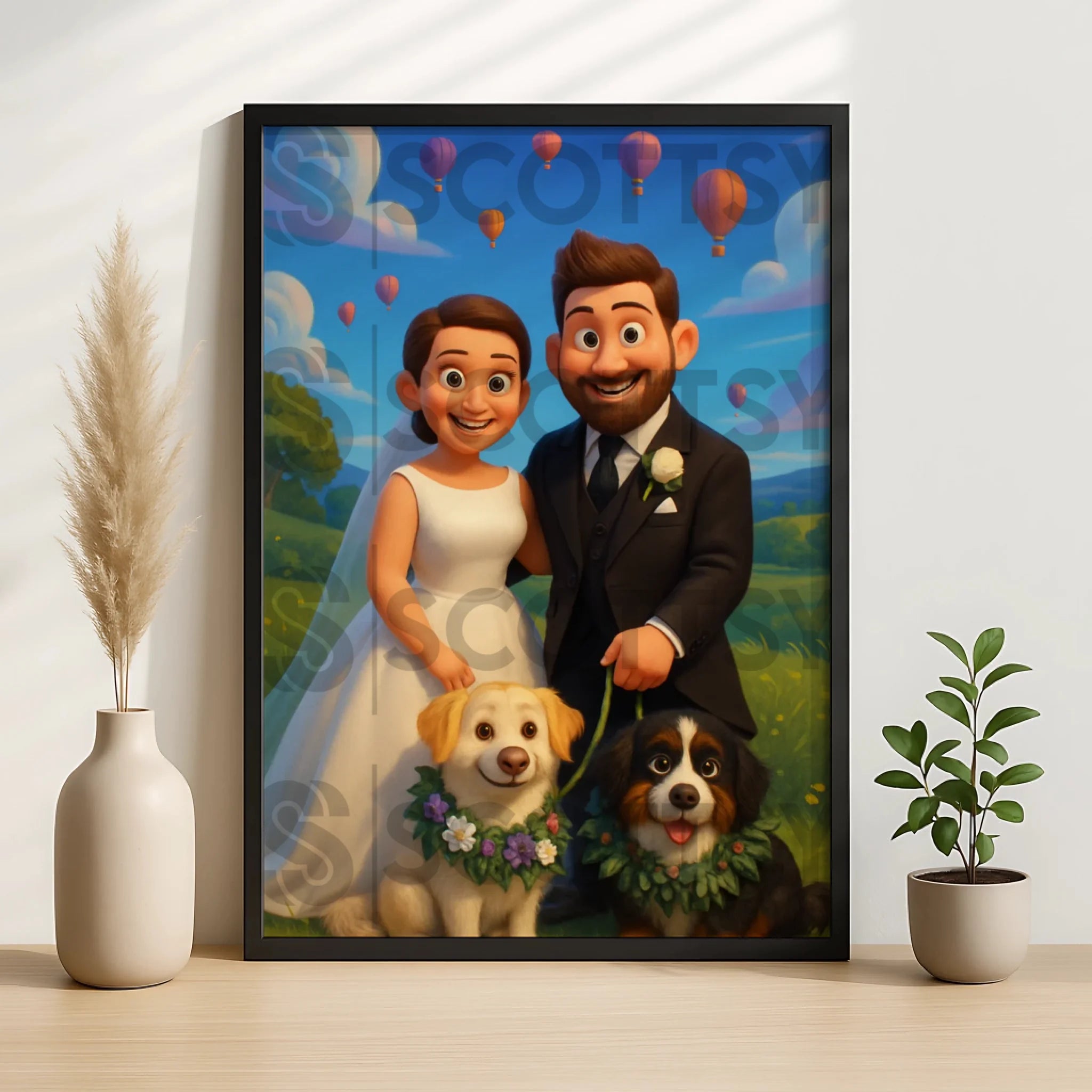 Close-up detail of a custom cartoon portrait personalised photo frame