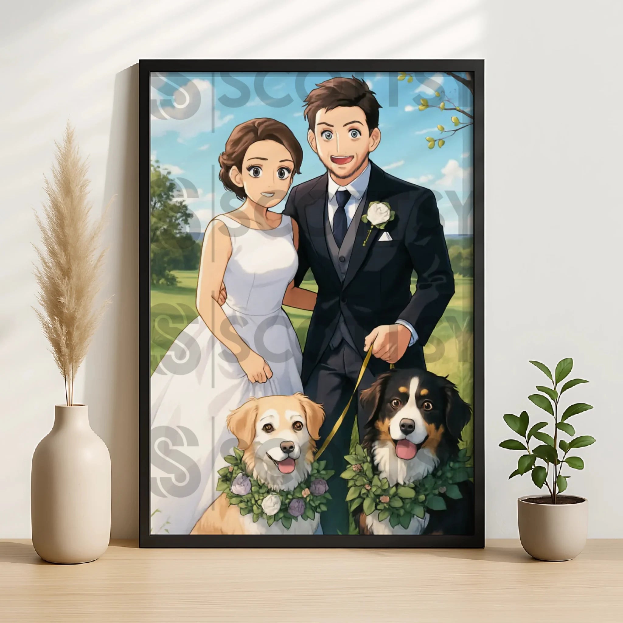 Personalised anime portrait photo frame showing a couple and their pet