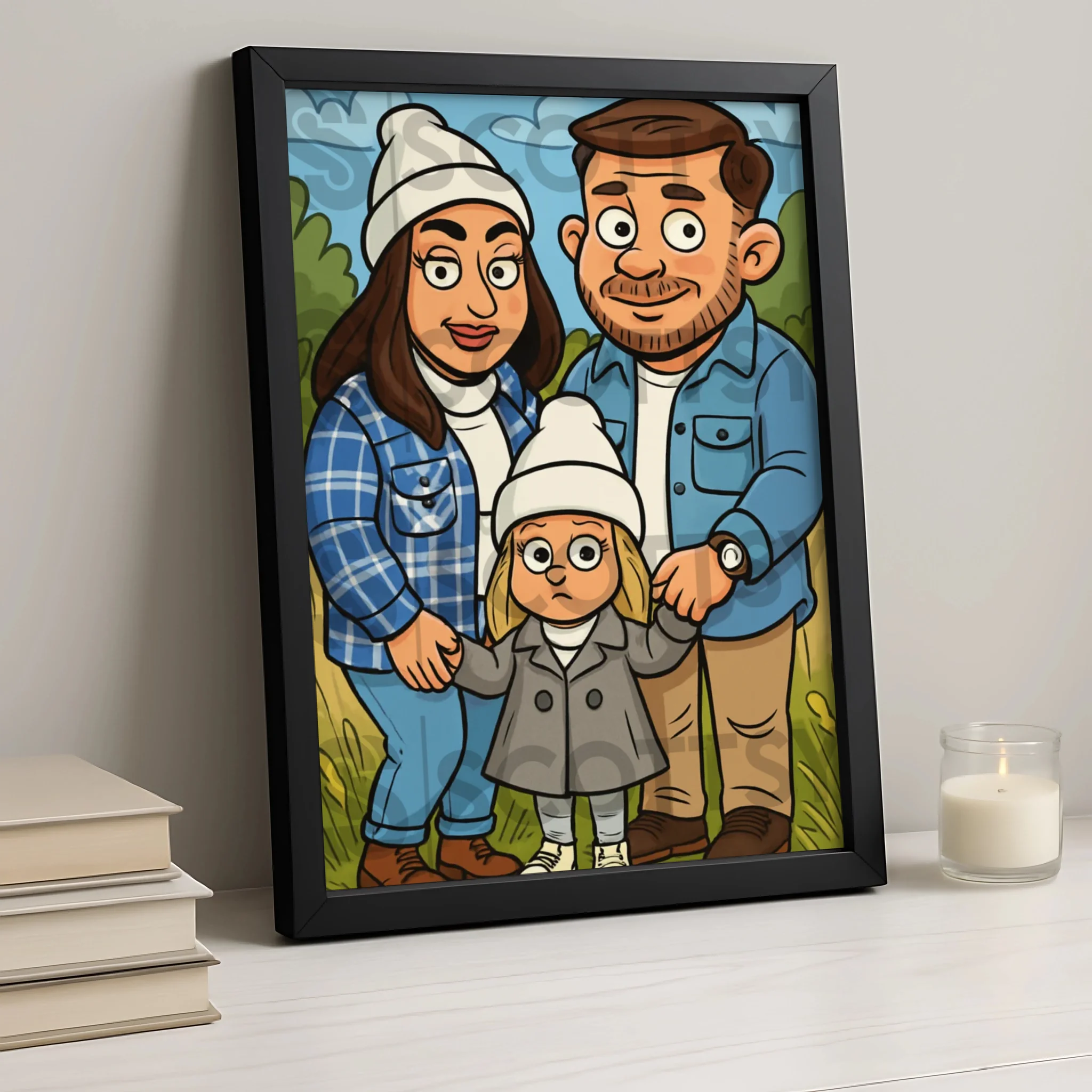 Custom cartoon style family portrait in a personalised gift photo frame