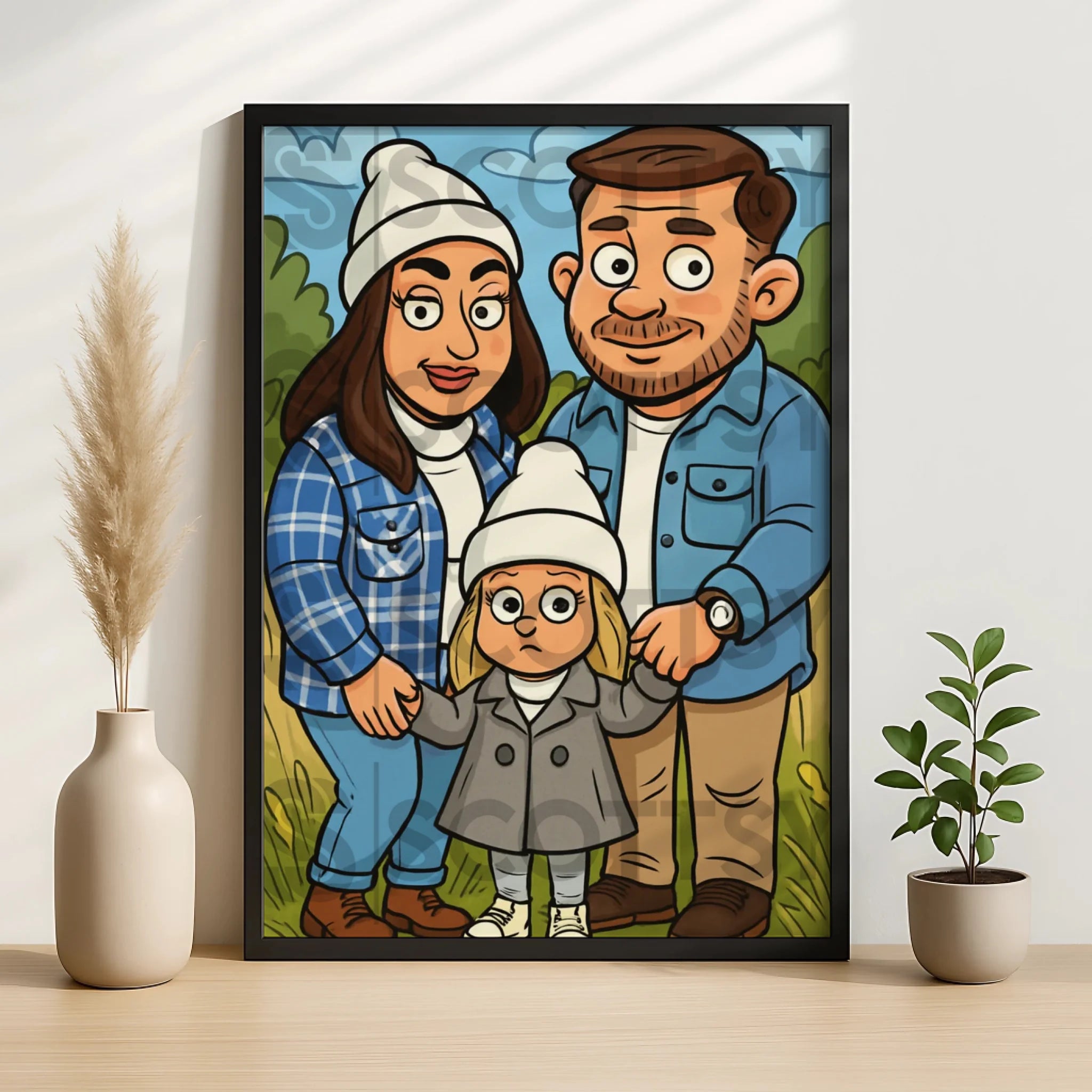Close-up print detail of a personalised caricature photo frame