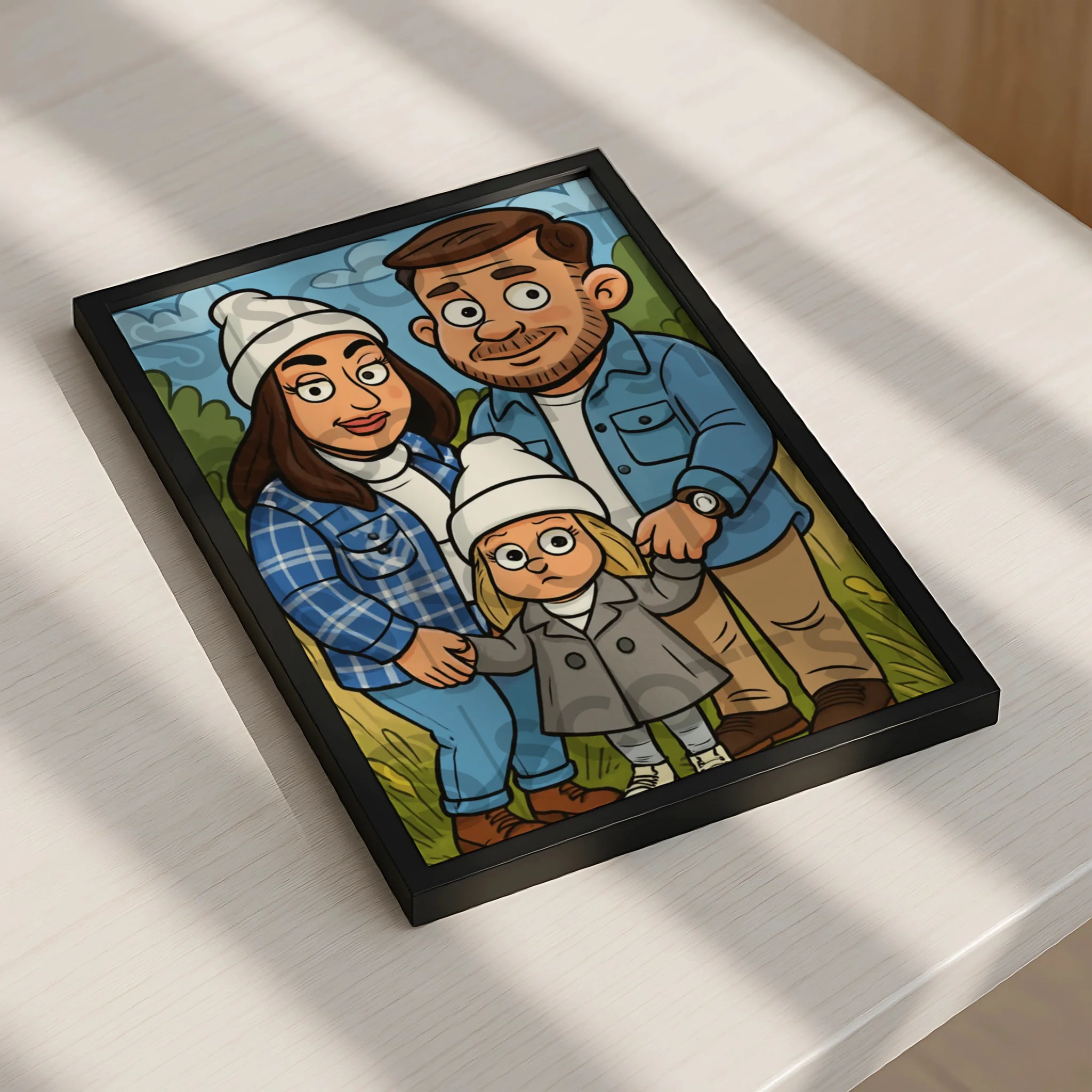 Cartoon couple caricature portrait in a custom personalised photo frame