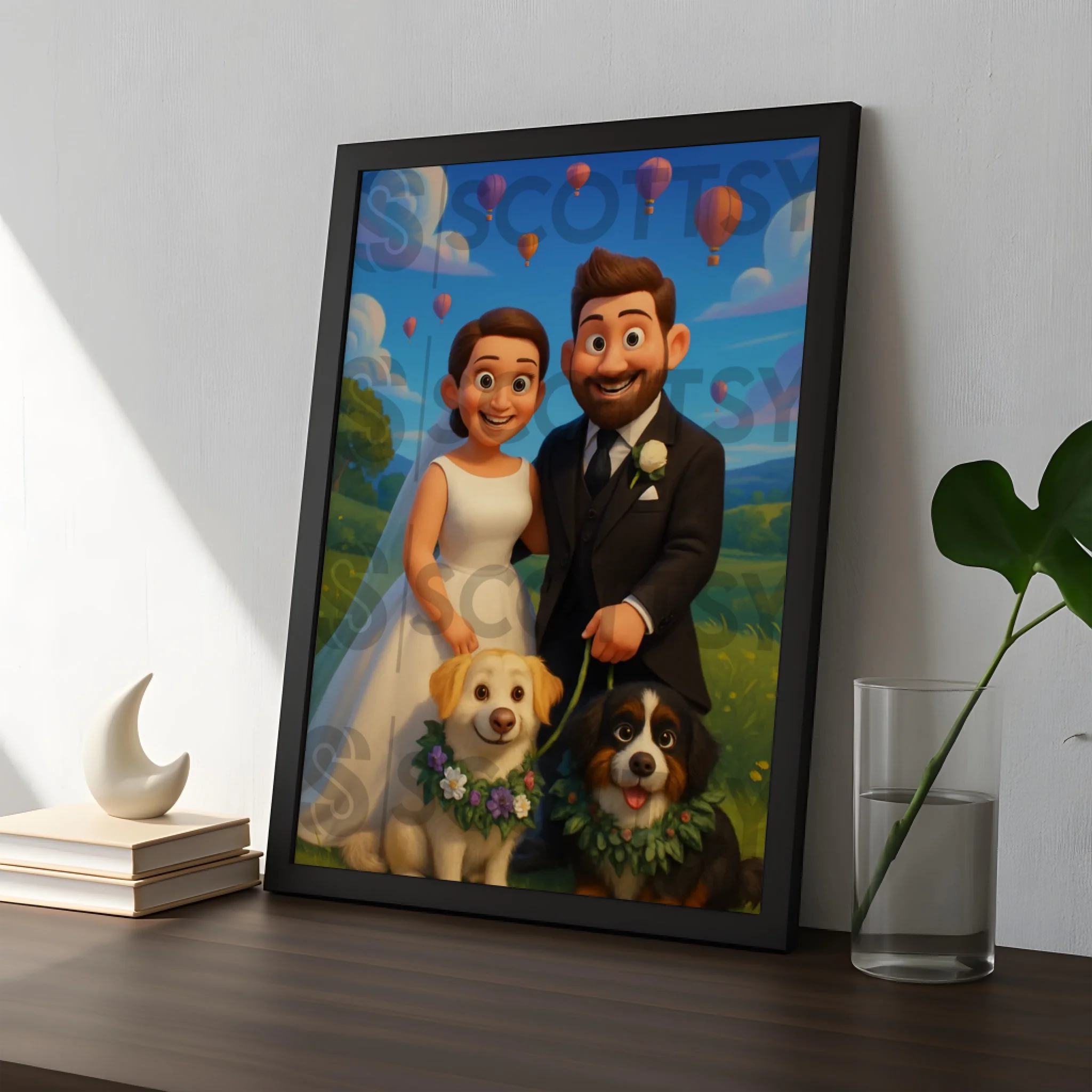Personalised cartoon portrait photo frame displayed on a wall